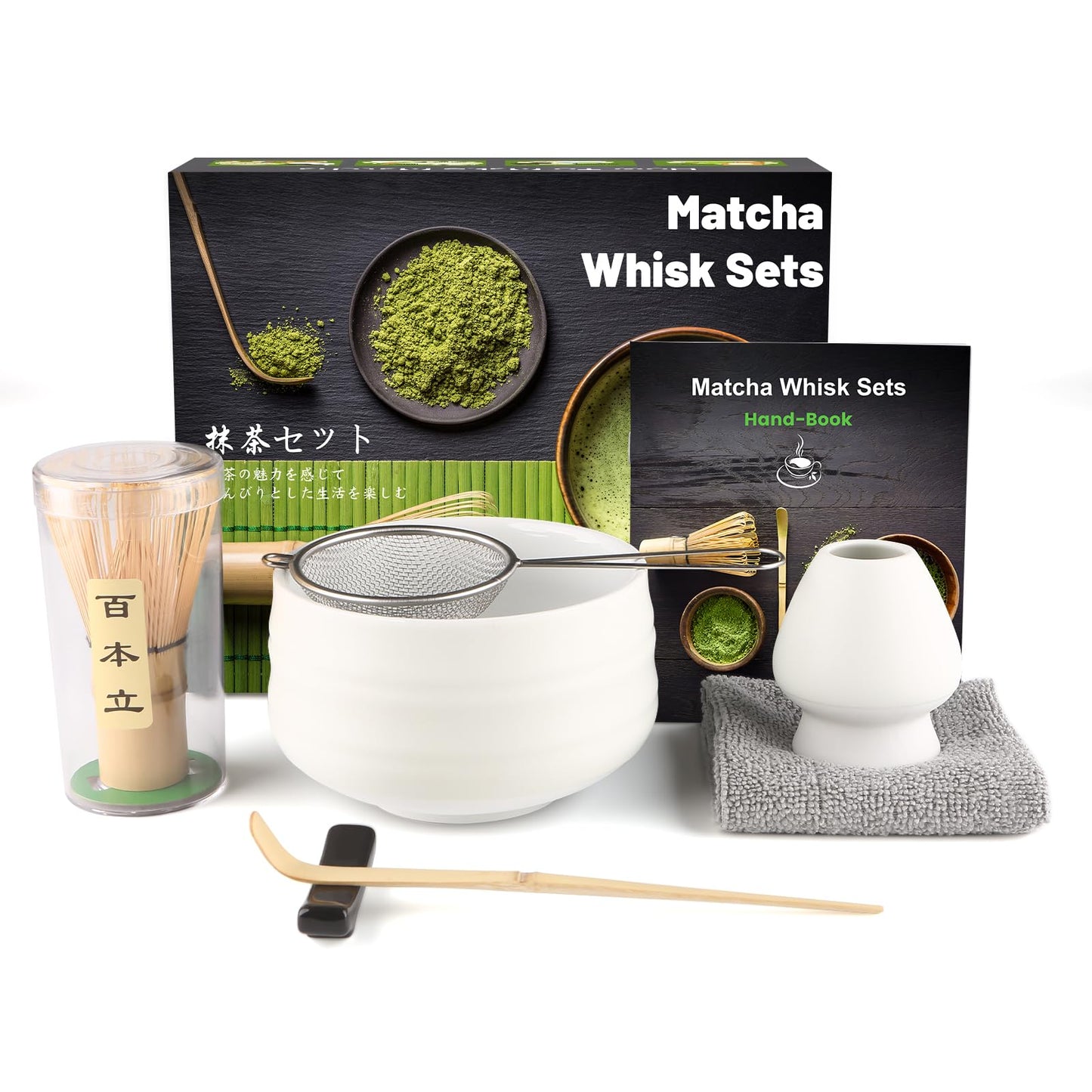 Matcha-Set mit Bambusbesen und Zubehör (7-teilig), Flache Spitze, Mattweiss Bambus-Matcha-Besen
