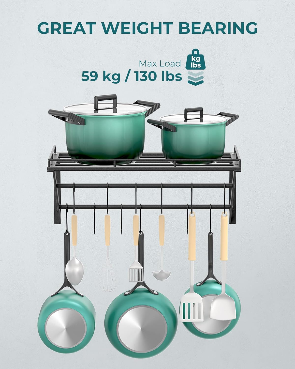 Topf-Rack Wandregal mit 12 Haken (3-Schicht), Schwarz-60cm