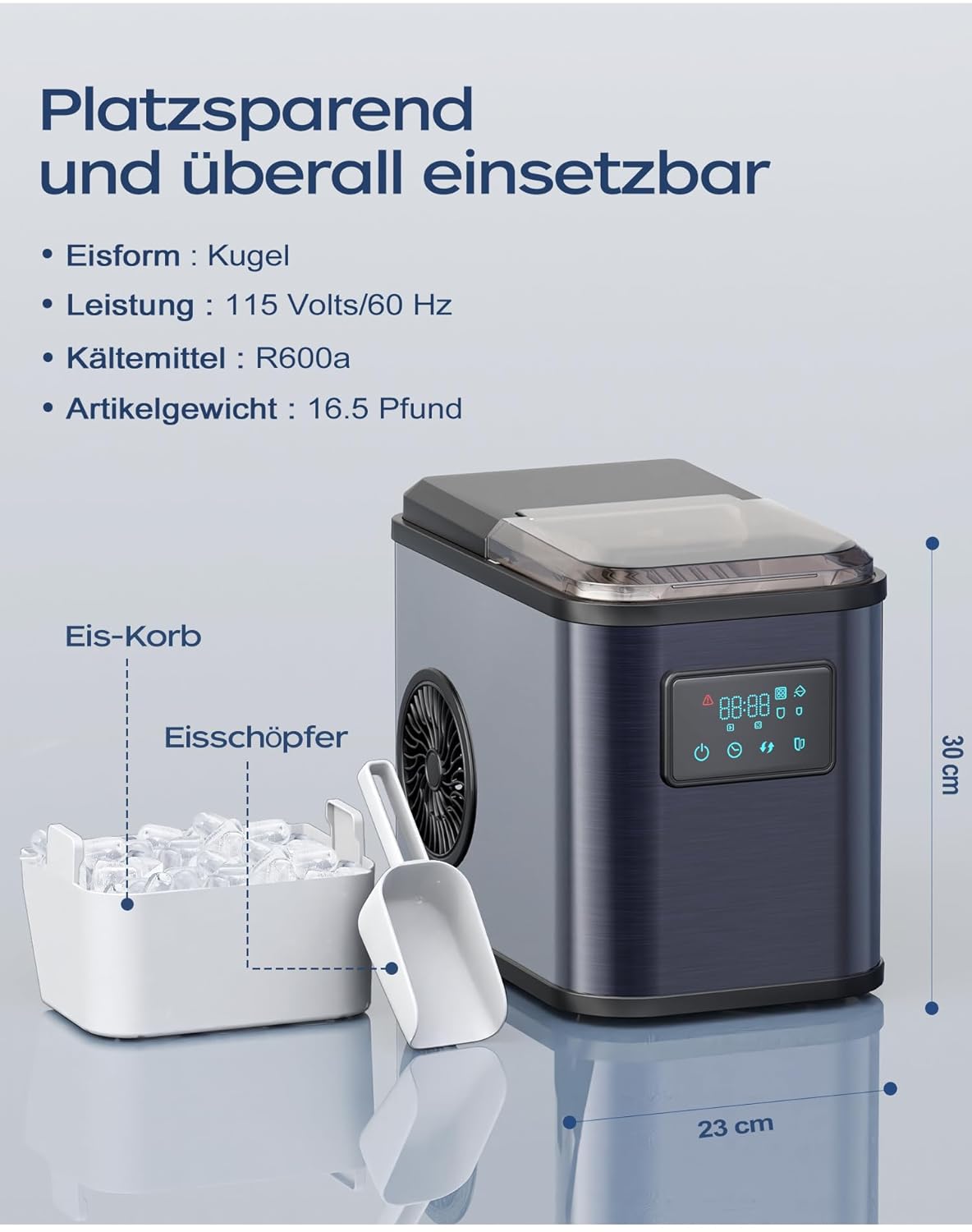‎YT-E-009BA Eiswürfelmaschine mit LED-Display und Reinigungsfunktion, Grau