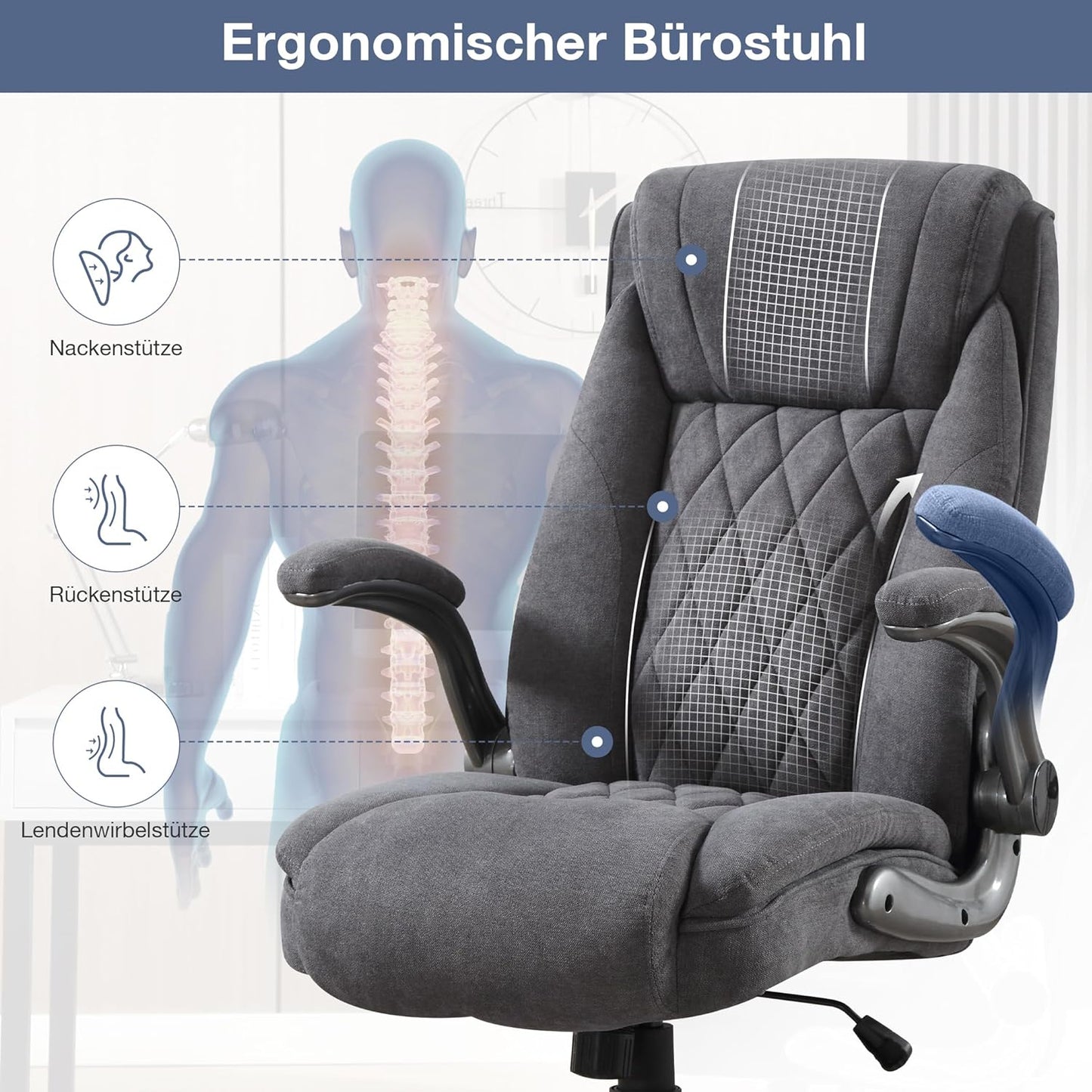 Ergonomischer Bürostuhl mit verstellbarer Rückenlehne, Dunkelgrau