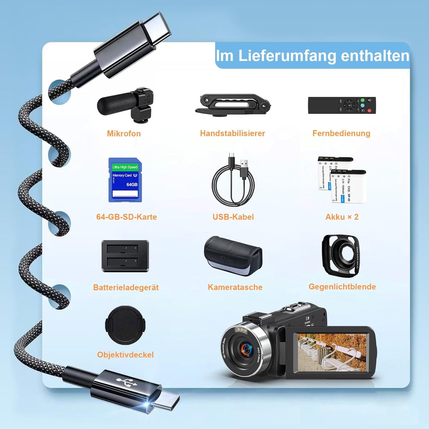 8K Vlogging Camcorder mit Nachtsicht, Mikrofon, Stabilisator und Fernbedienung, Tiefschwarz