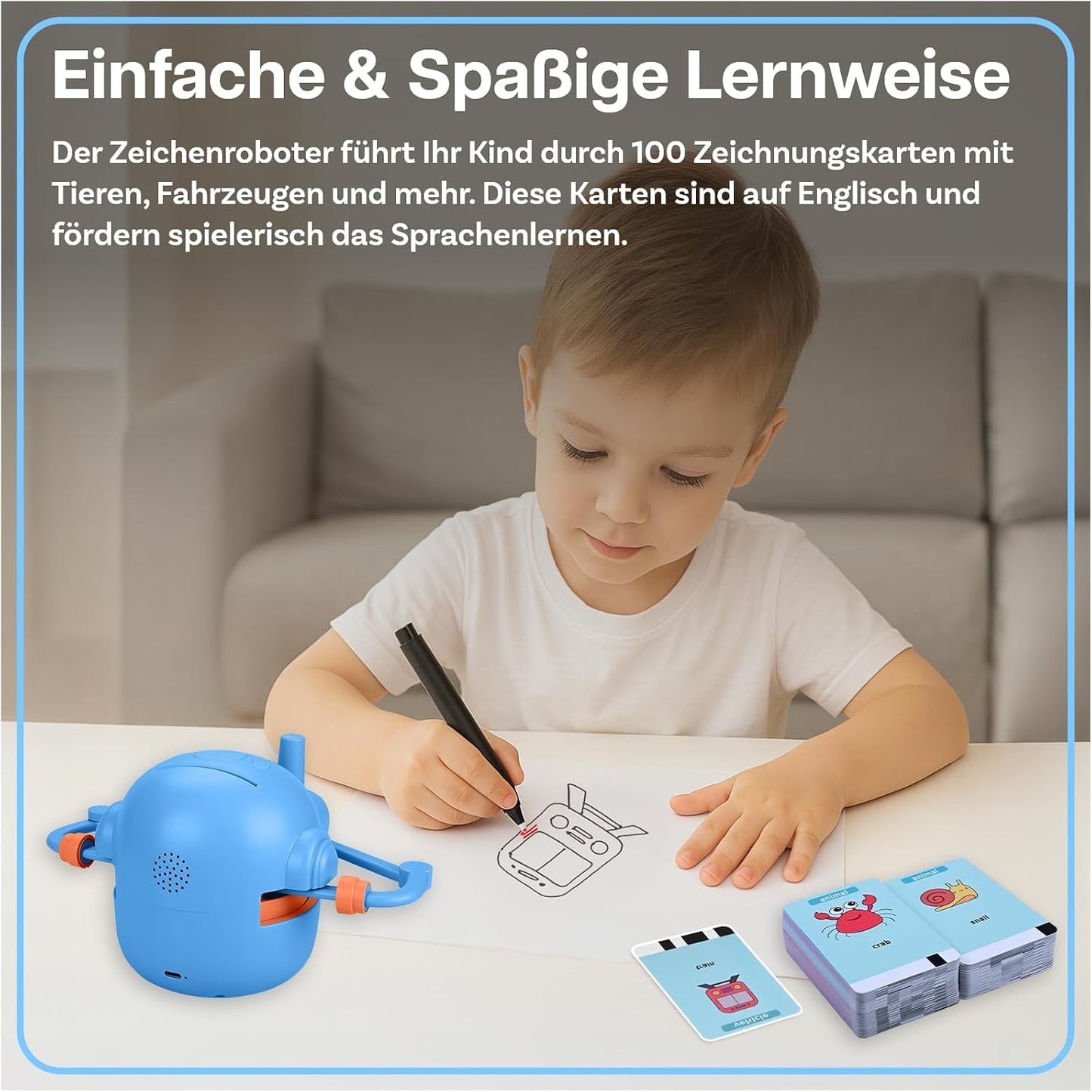 Interaktiver Zeichenroboter für Kinder mit Zeichenkarten, Blau