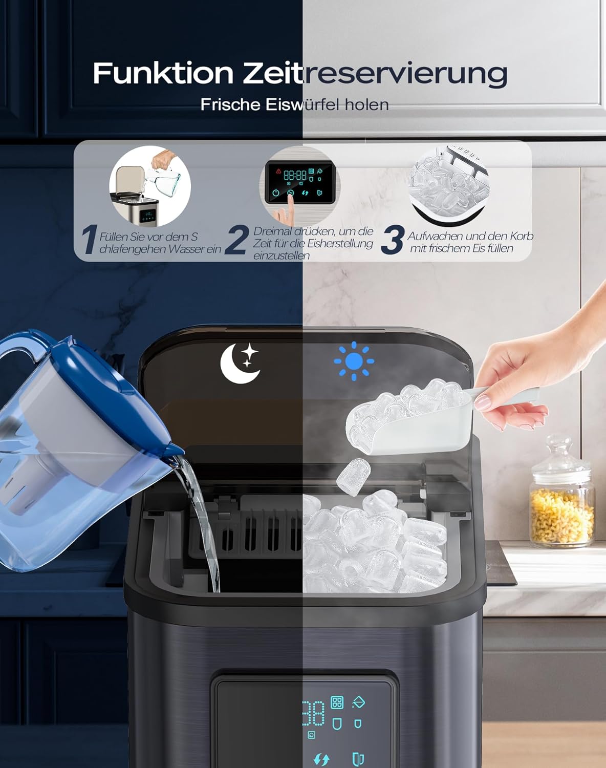 ‎YT-E-009BA Eiswürfelmaschine mit LED-Display und Reinigungsfunktion, Grau
