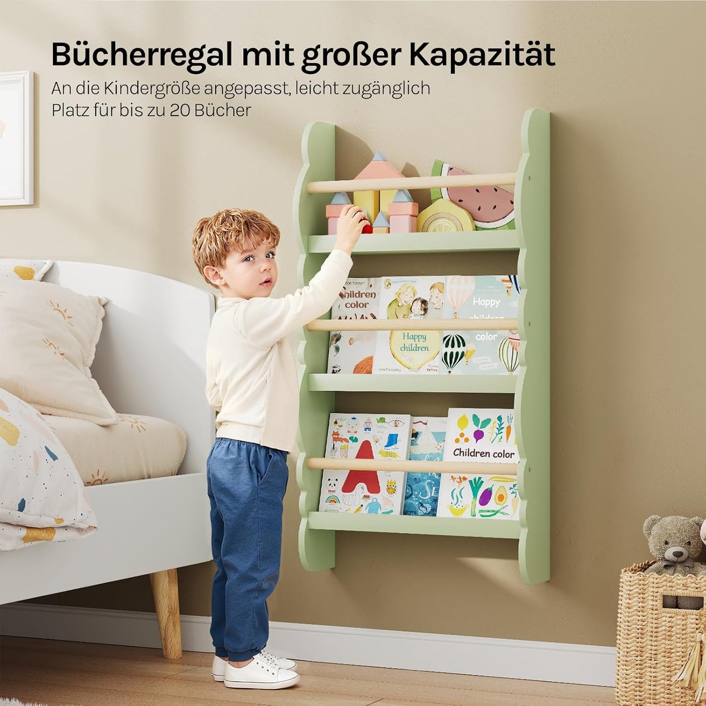 Kinder Wandbücherregal mit 3 Ablagen, Grün 42.5x80cm
