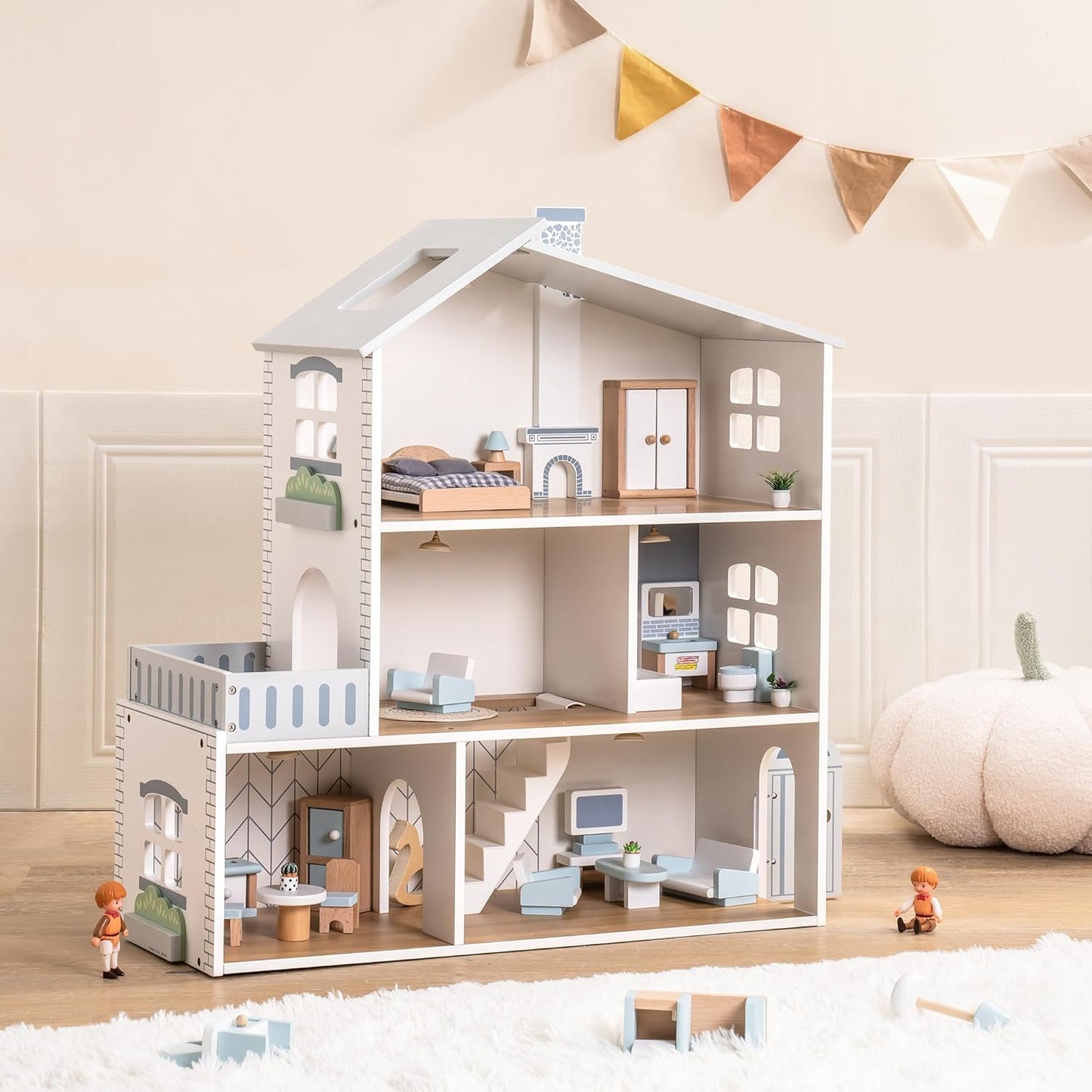 Möbiliertes Puppenhaus mit Lichtern und 3 Etagen, Modern