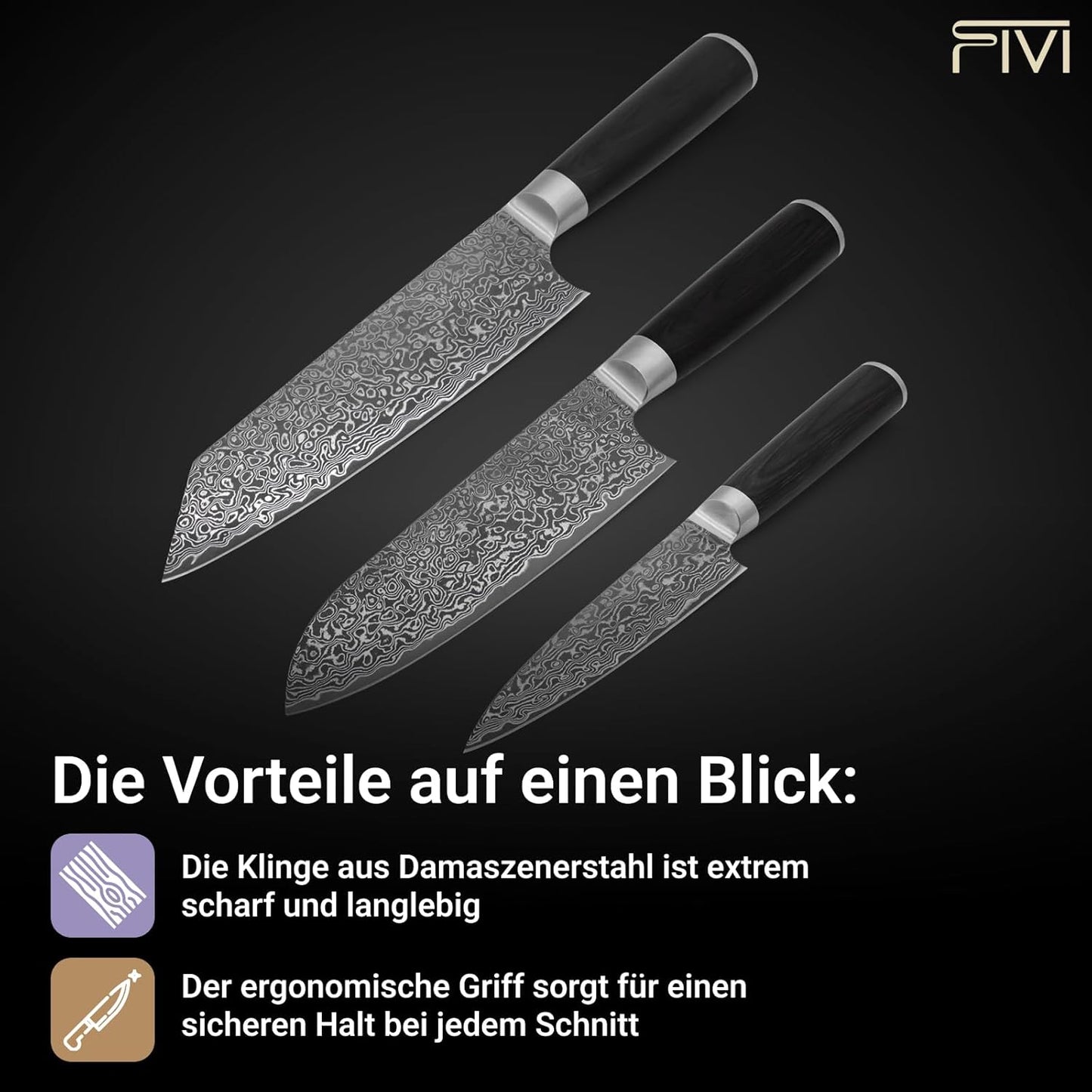3-teiliges Küchenmesserset (Santoku, Kiritsuke, Office), Set 3-teilig AKIRA, YUNO, SANJI