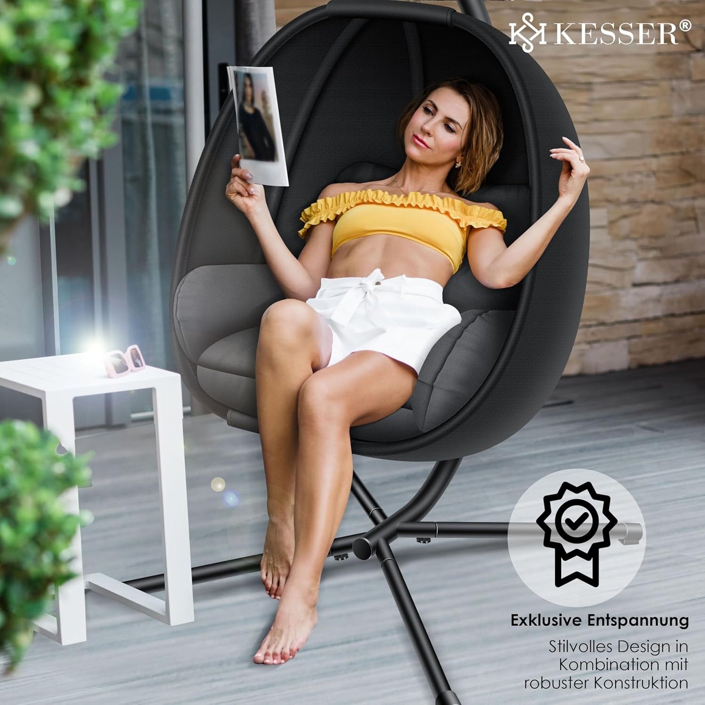 Luxe Hängesessel mit Gestell und Kissen, Anthrazit