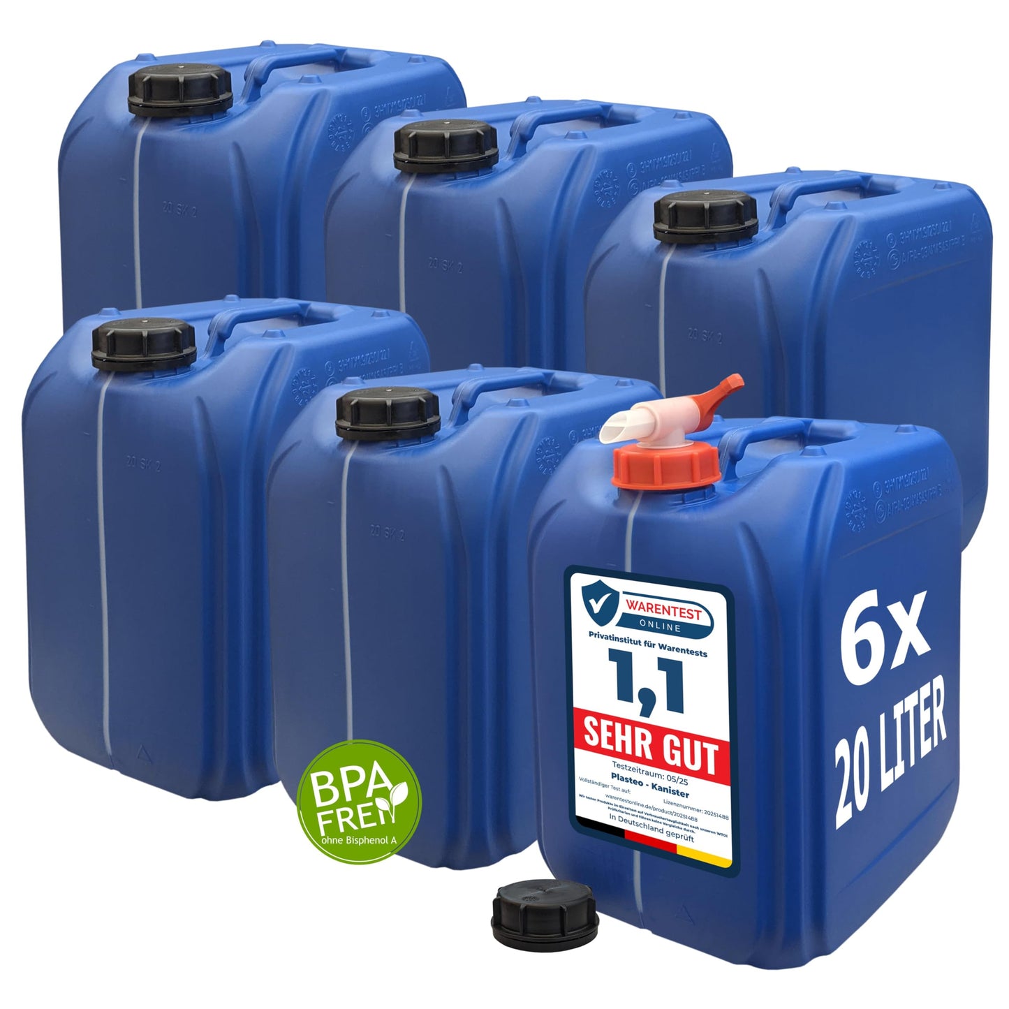 6er-Set Wasserkanister 20 L mit Auslaufhahn und SIchtstreifen