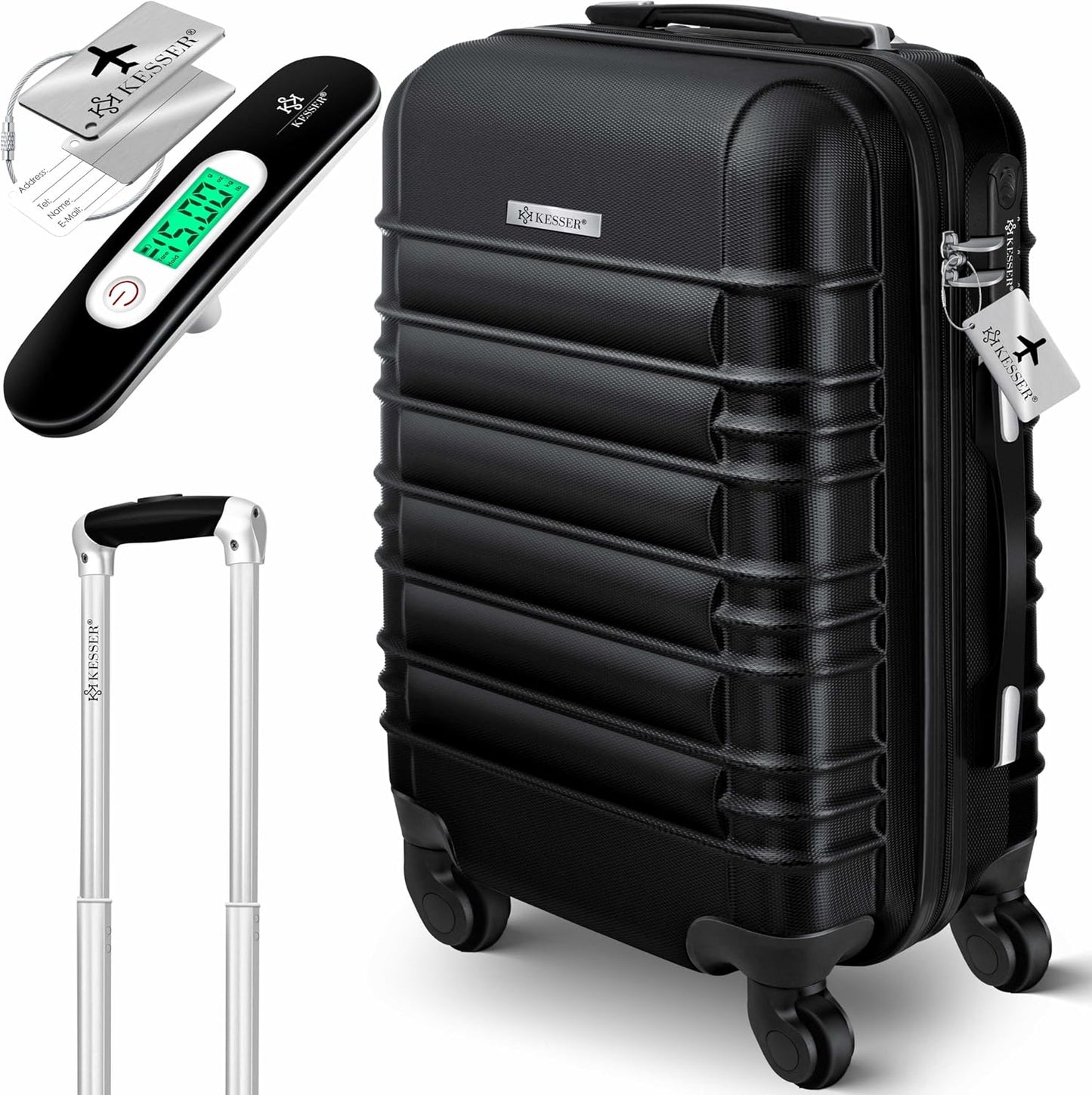 Handgepäck Koffer mit Kofferwaage & Zahlenschloss, Handgepäck 55cm - 55L / Schwarz
