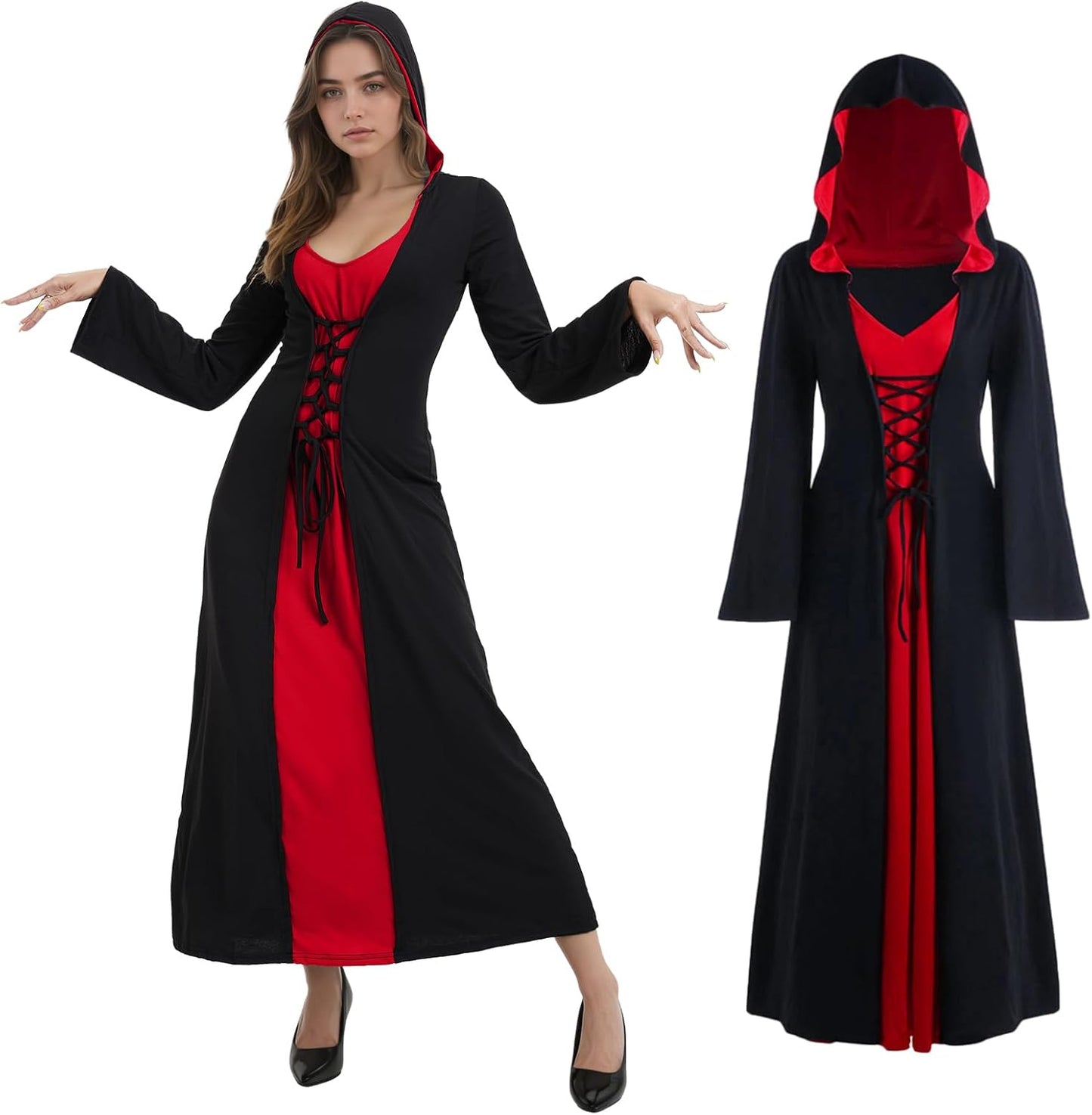 Mittelalter-Kostüm mit Kapuze für Halloween, S Schwarz und Rot