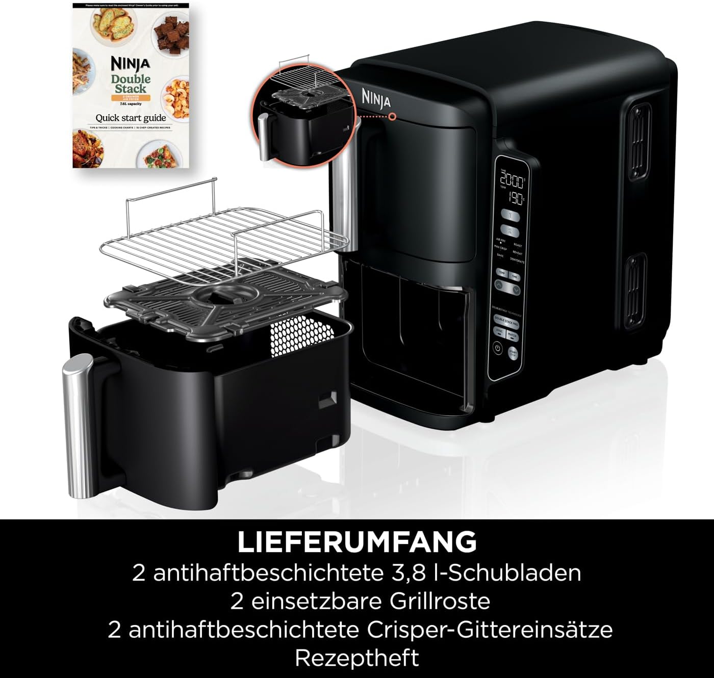 Double Stack Heissluftfritteuse, 7.6L Gestapelte Doppelschublade Grau