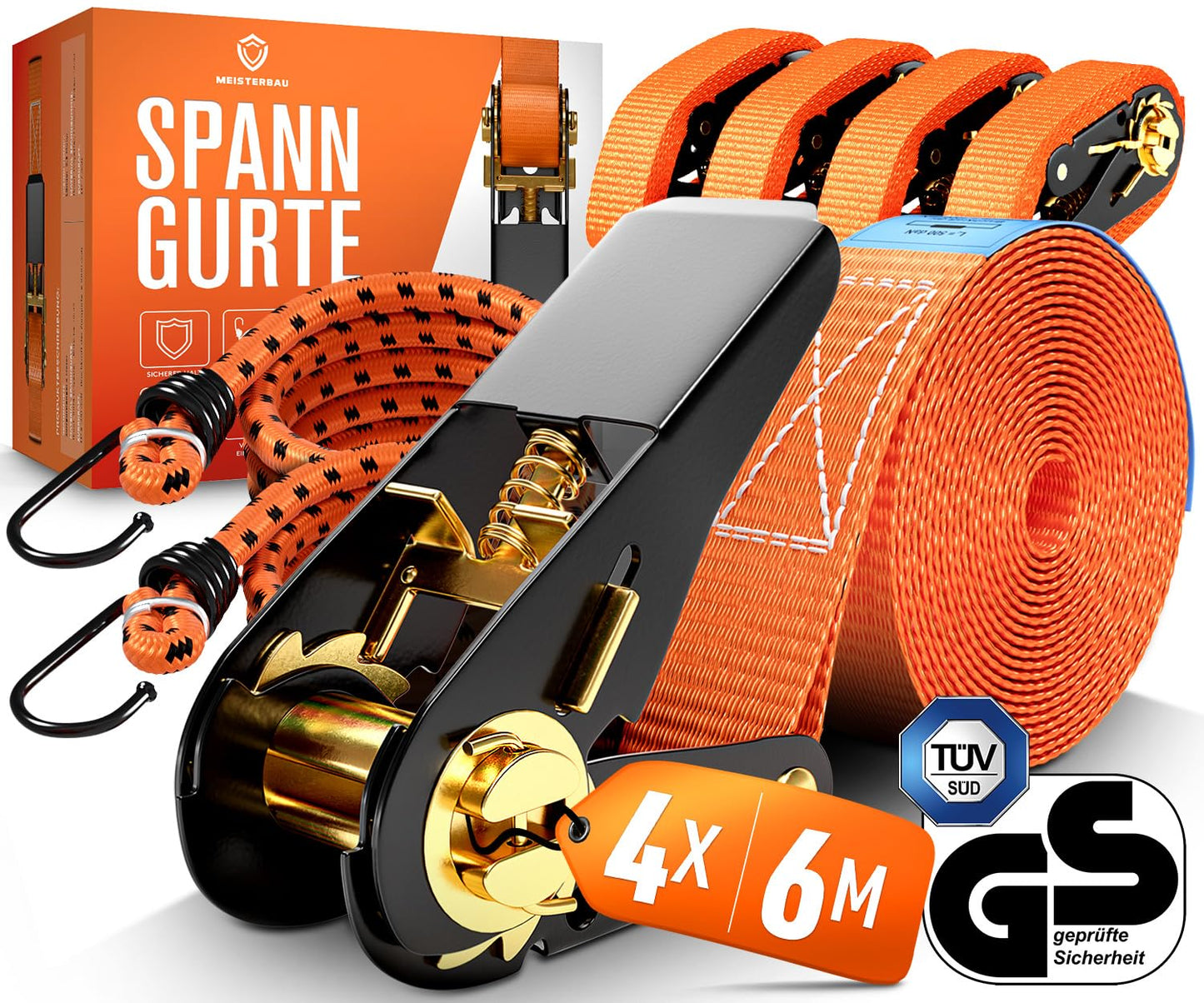 Spanngurte mit Ratsche 4er-Set 6m, Orange 6m