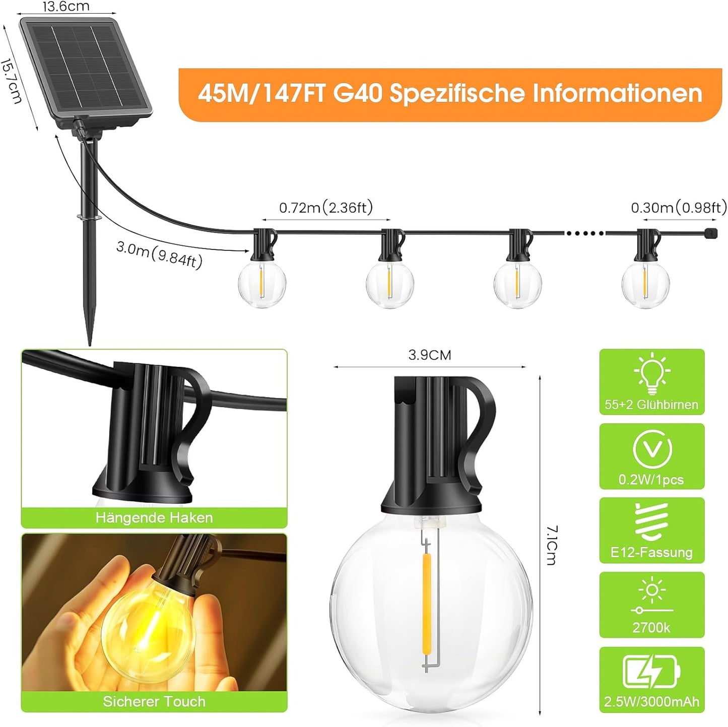 Solar LED Lichterkette mit 55+2 G40 Glühbirnen, 45 m Solar