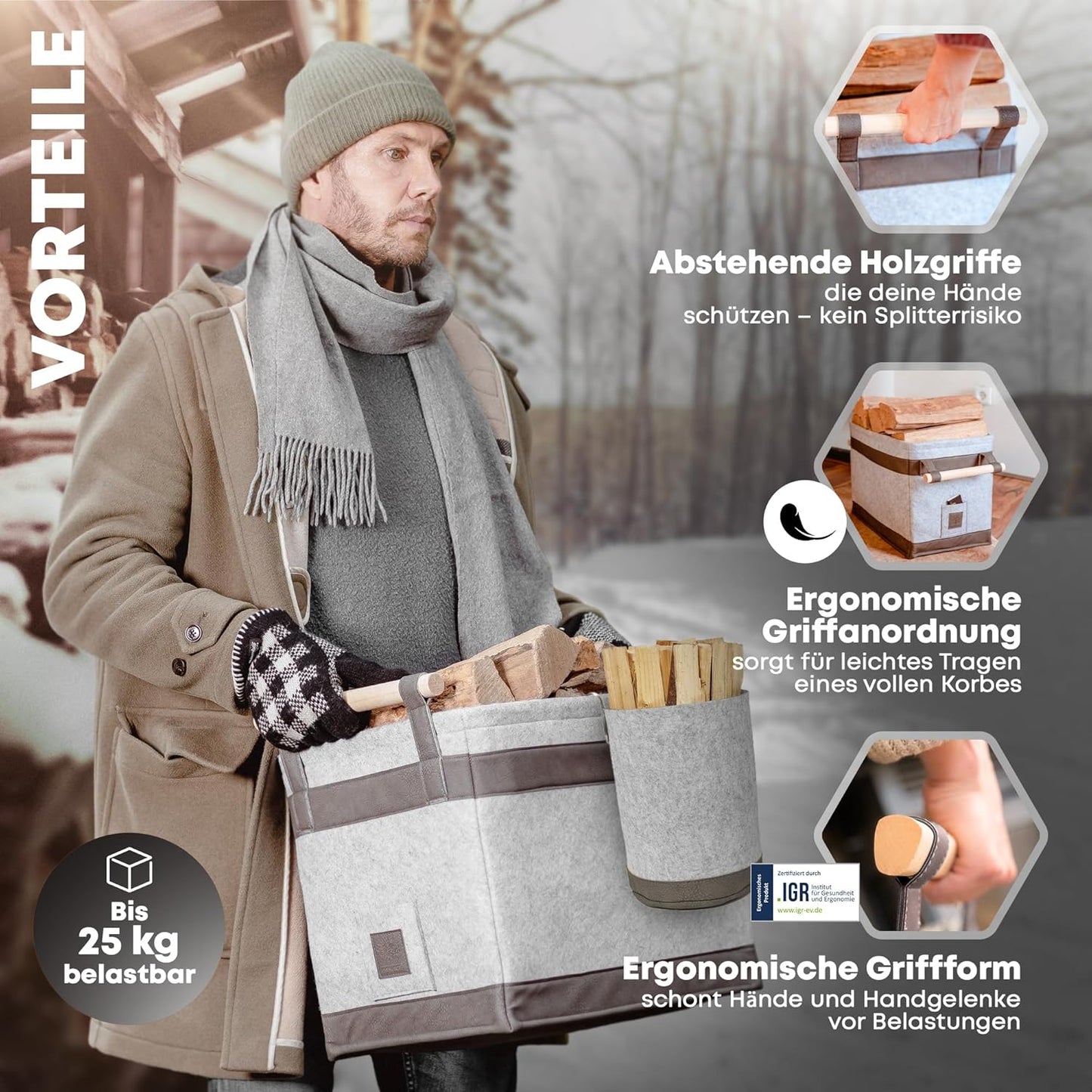 Holzkorb für Kaminholz, mit Zündholzkorb, Hellgrau Bundle