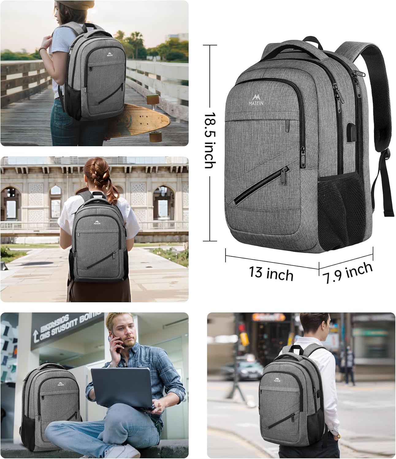 Laptop-Rucksack mit USB & Anti-Diebstahl-Funktion, 17.3 zoll Grau