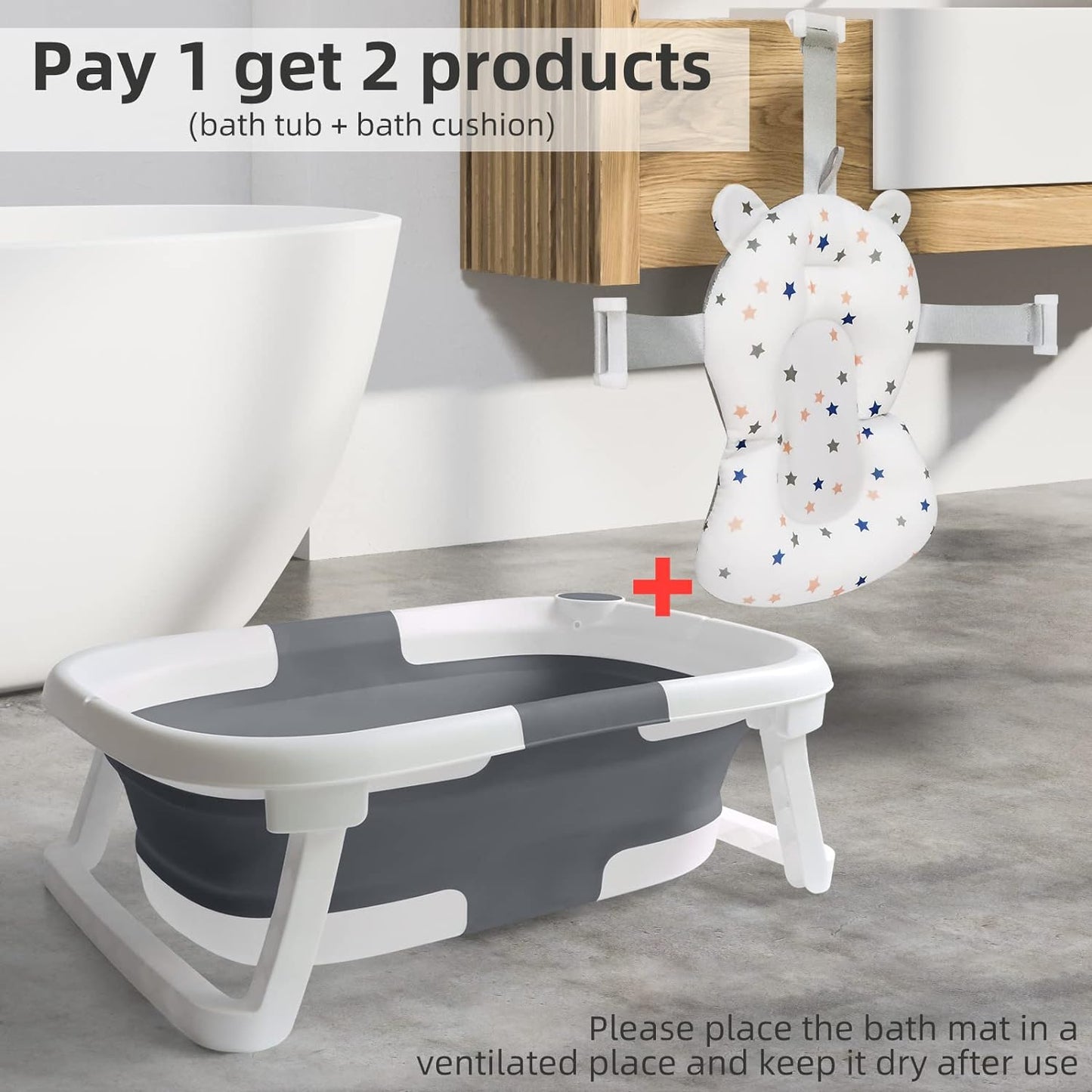 Faltbare Babybadewanne, Grau mit Badematte