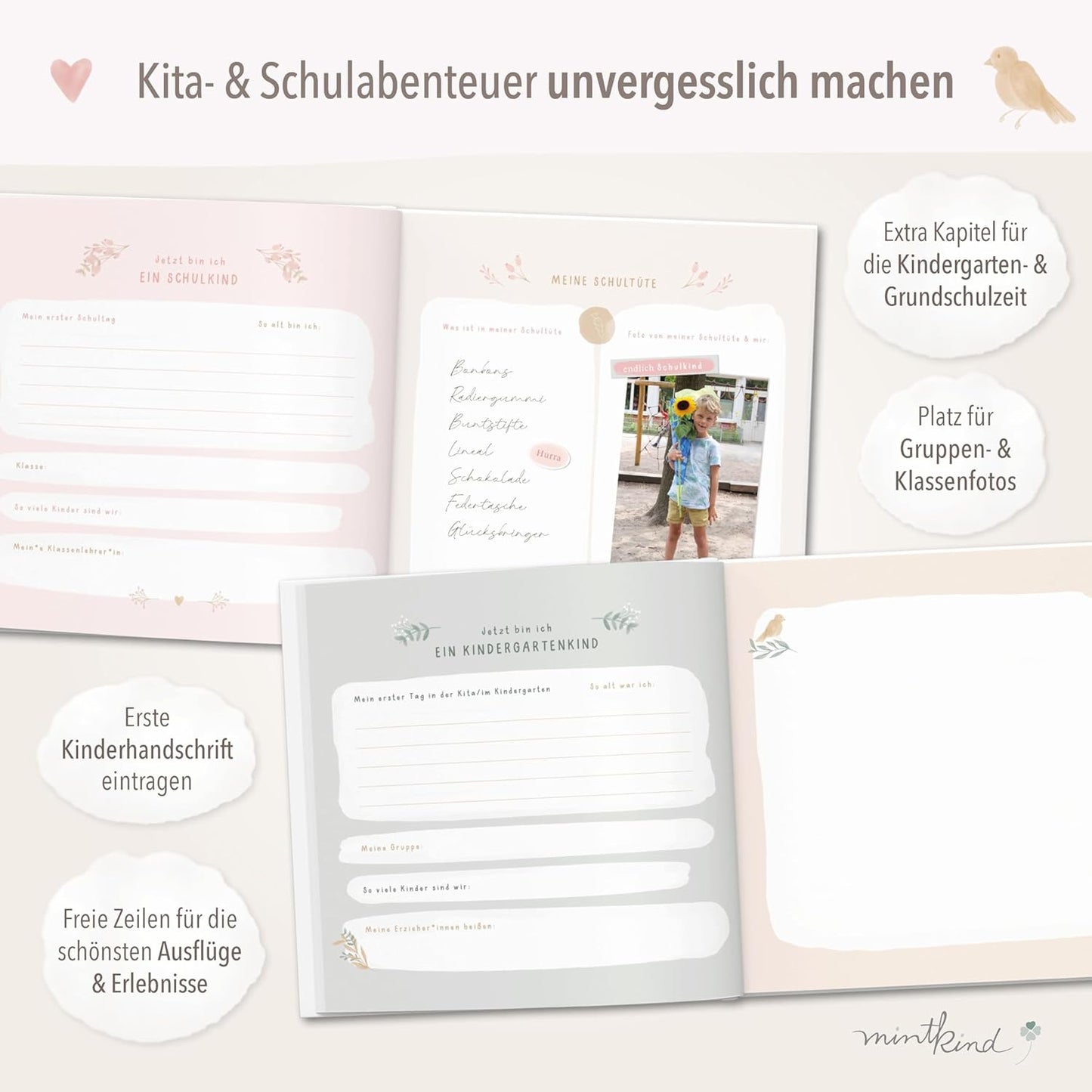 "Meine Kindheit" Erinnerungsalbum für die ersten 10 Jahre, mit Stickerset, Blumen
