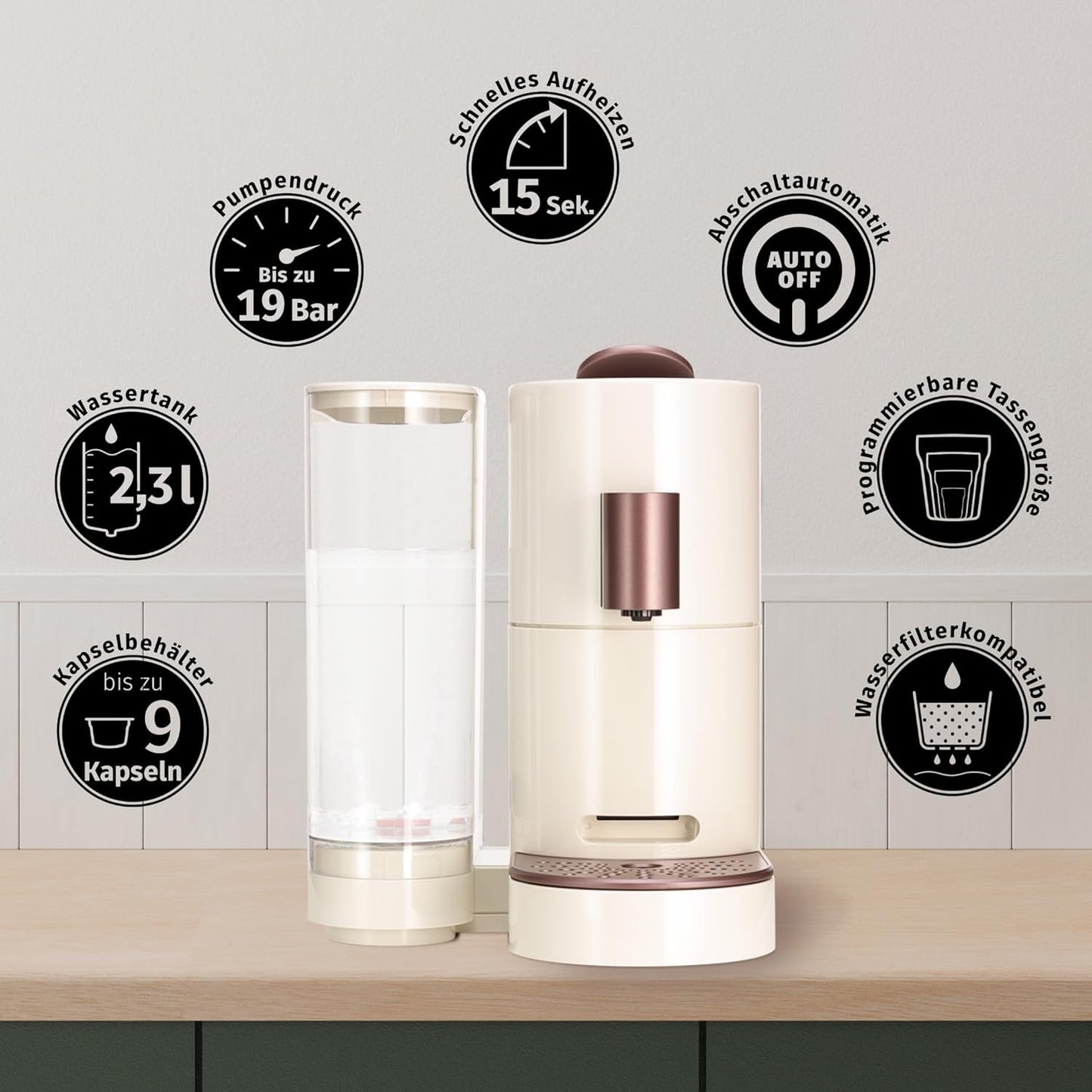 Kapselmaschine für Kaffee, Tee & Kakao, Beige-bronze Modern