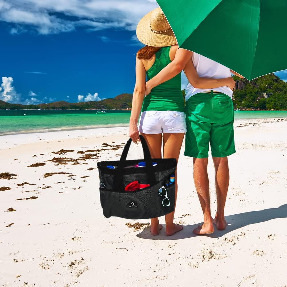 Netz-Strandtasche für den Strand, Schwarz / Schwarz