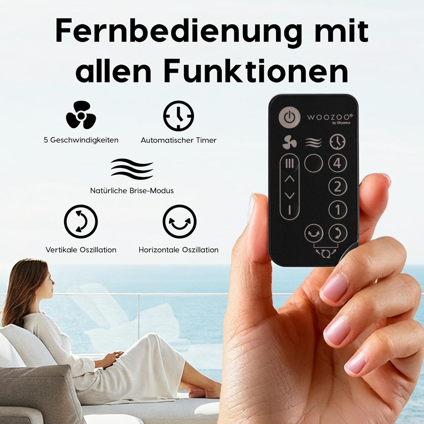 Tischventilator PCF-SC15T mit Fernbedienung, oszillierend, Schwarz Holz Fernbedienung/30m²