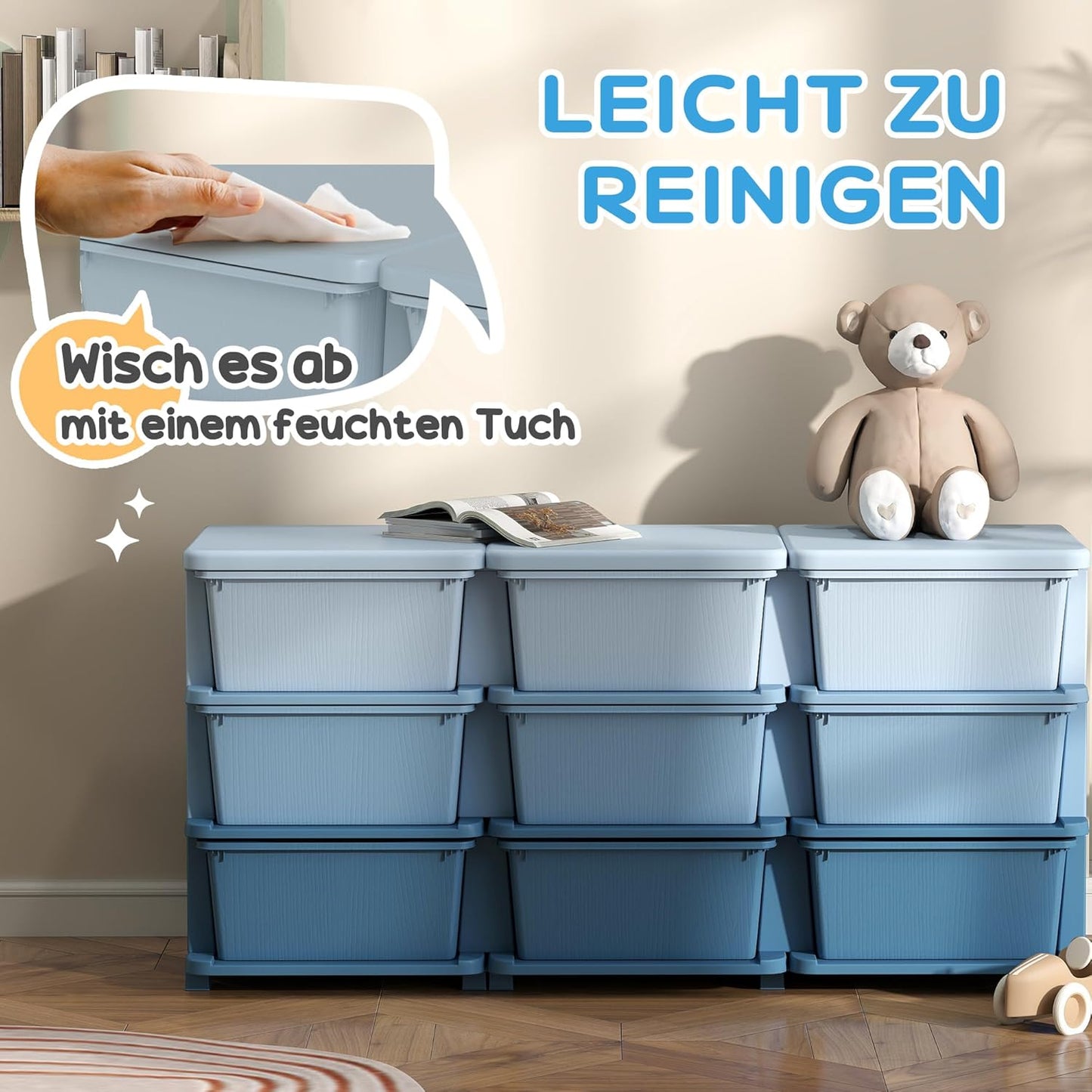 Spielzeug-Organizer mit Schubladen für Kinderzimmer, 113L x 37B x 56,5H cm Blau