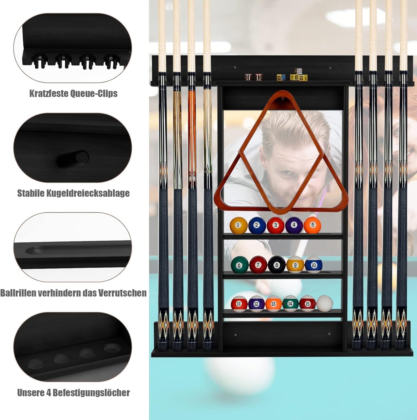 Billard Queue-Wandhalter für 8 Queues, Schwarz