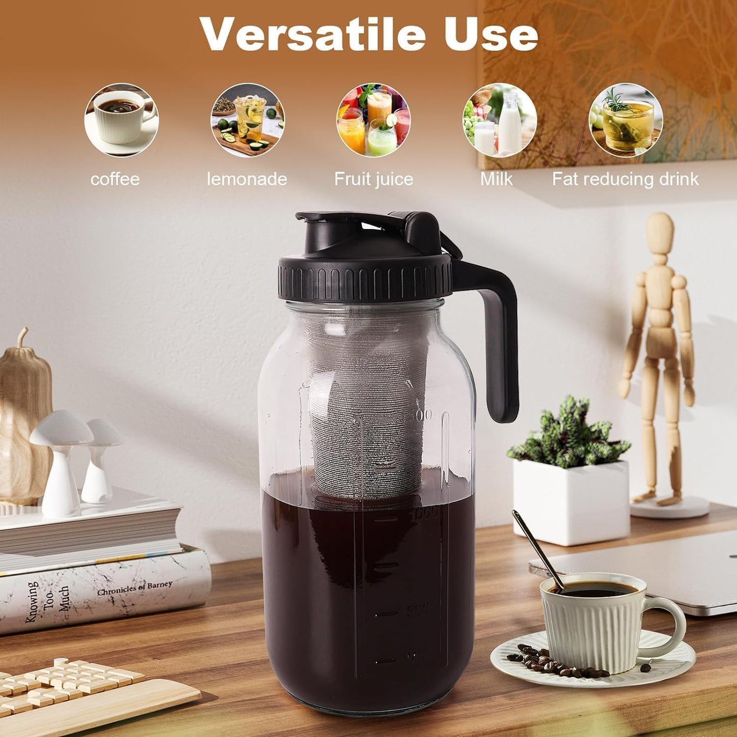 Cold Brew Kaffeebereiter mit Edelstahlfilter, 64oz Schwarz