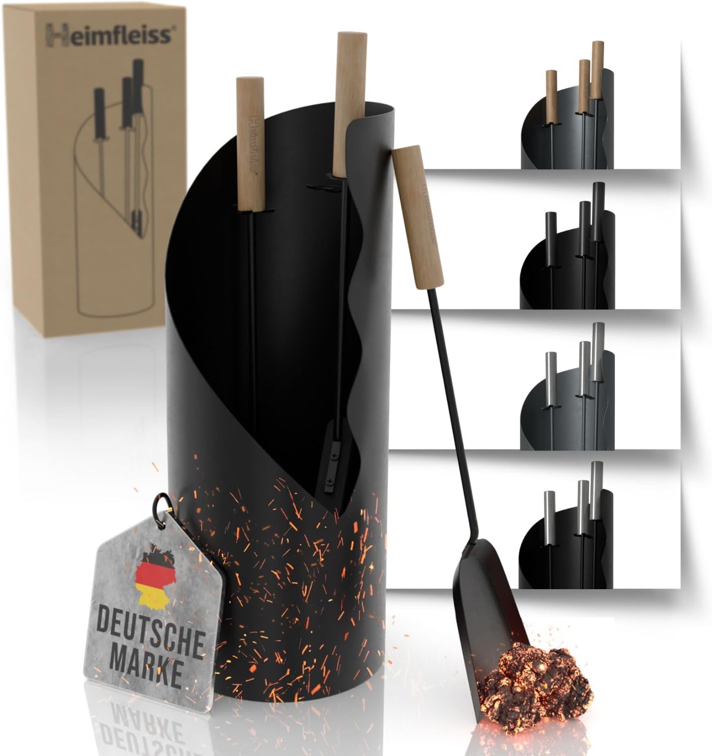 4-teiliges Kaminbesteck-Set, Schwarz mit Holzgriffen