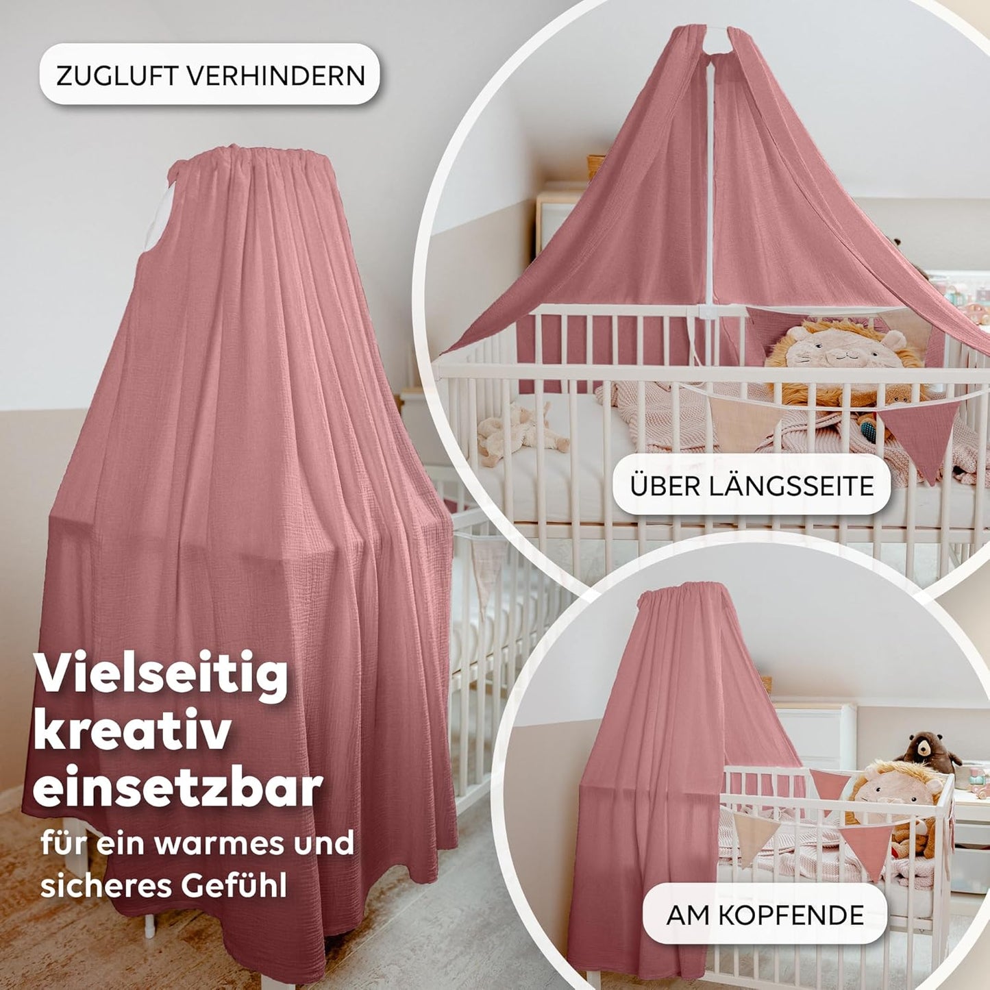 Betthimmel für Babybett mit Himmelstange, Altrosa, inkl. Himmelstange