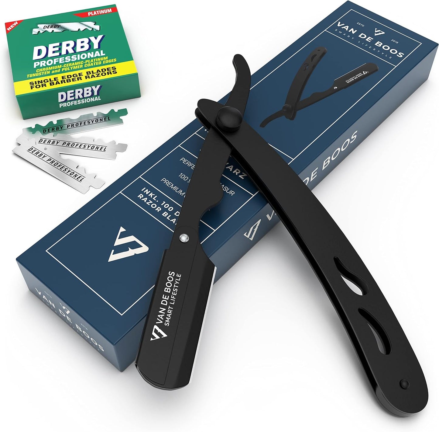 Rasiermesser-Set, Edelstahl Schwarz+ 100 Derby Professional