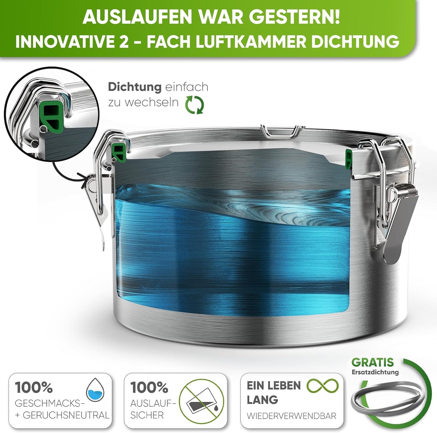 Auslaufsichere Jausenbox mit Göffel, 1800 ml Silber