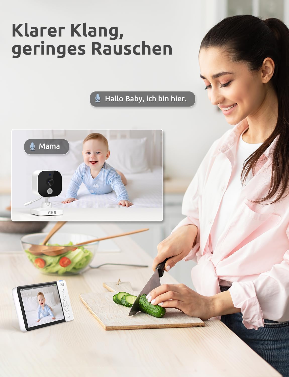 ABM700E Babyphone mit Kamera und 5 Zoll HD-Display, manuell drehbar