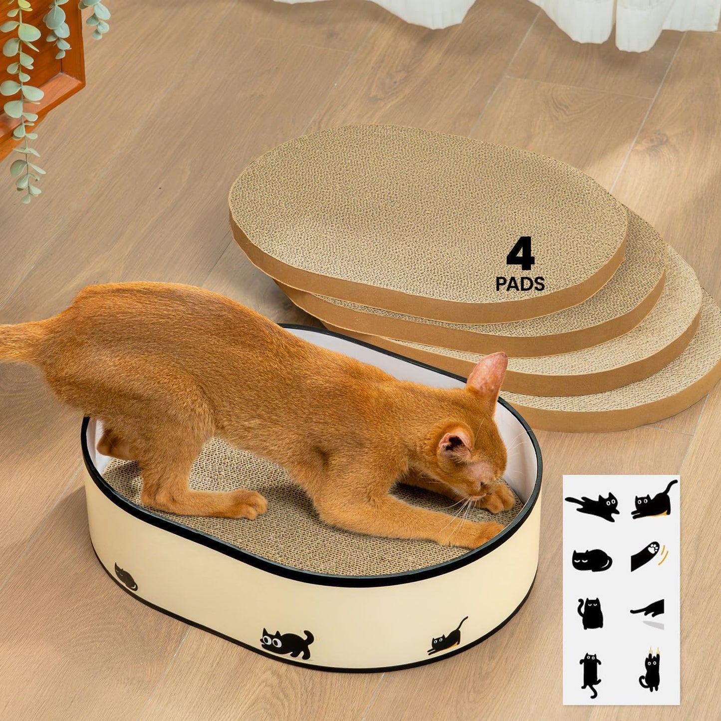 Katzen-Kratzbrett mit Box und 4 Ersatzbrettern, Groß Katzenbox + 4 Kratzbäume + Sticker