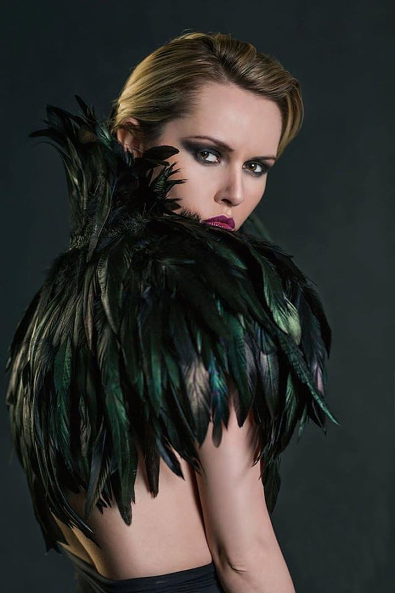 Gothic Feder-Kap Poncho mit Kragen, Schwarz