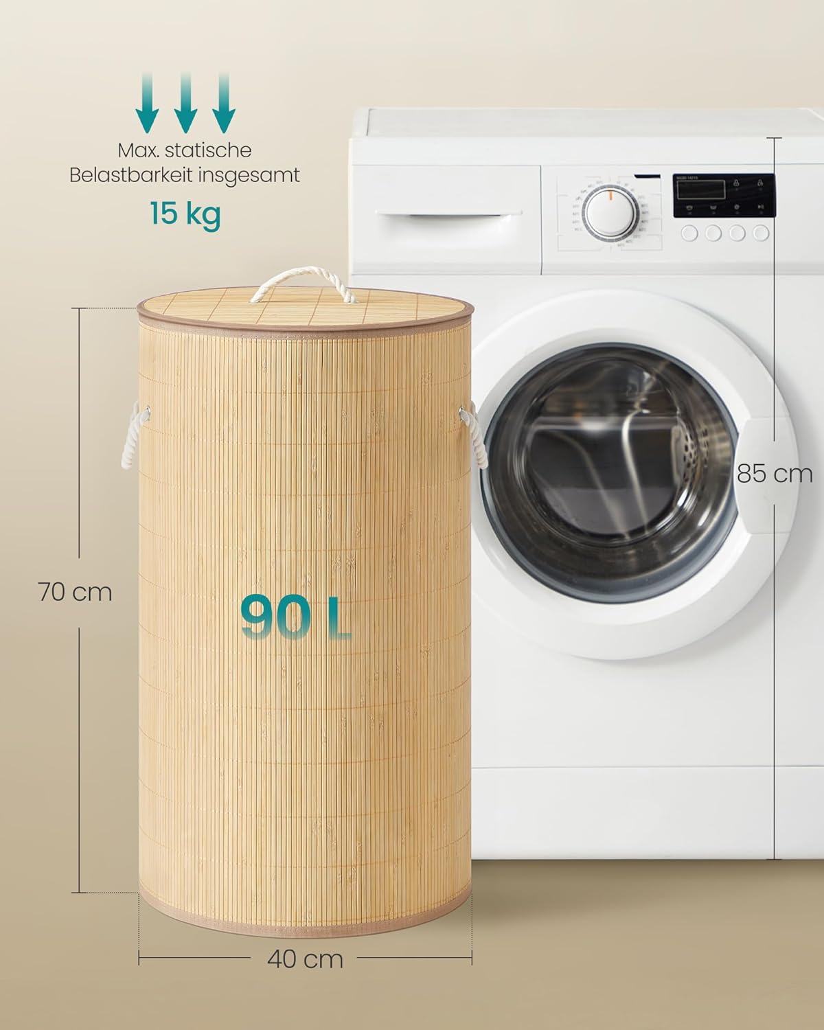 Faltbarer Wäschekorb mit Deckel, 90L, 90L rund