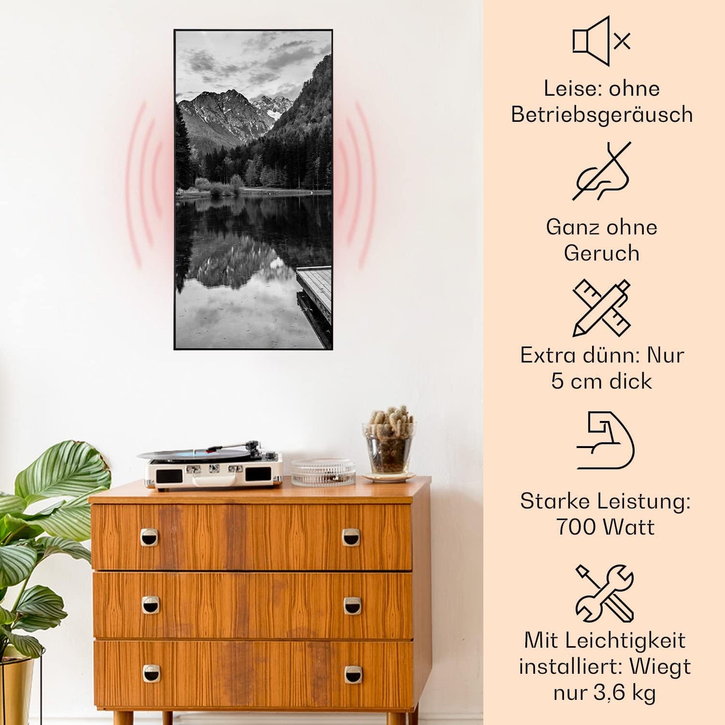 Infrarotheizung mit Thermostat und App-Steuerung, 60 x 120 cm/ 700 W See Schwarz - Weiss Schwarz