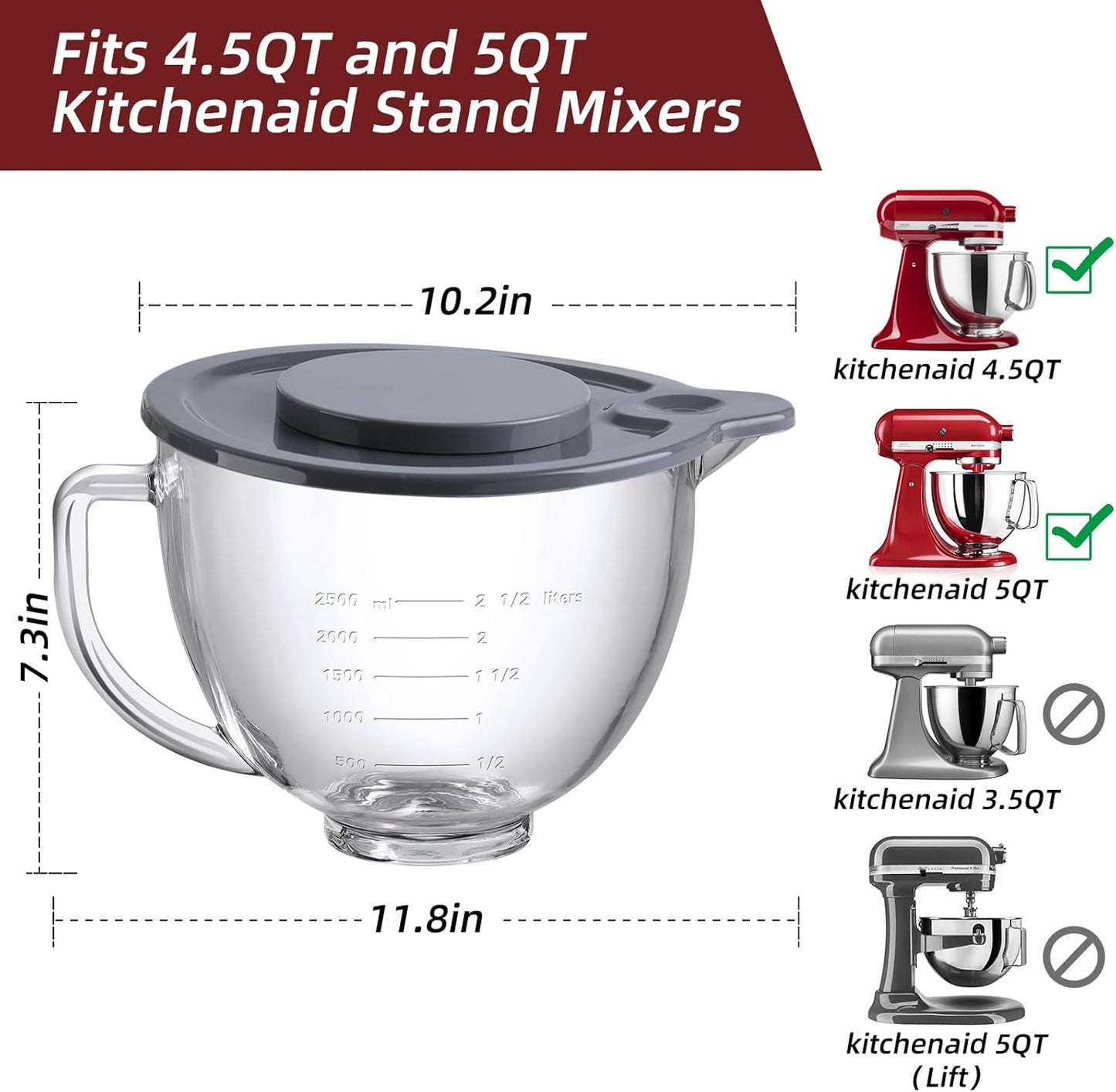 Schüsselaufsatz für KitchenAid Artisan, Classic und Mixer Tilt-Head, Glass Bowl + Lid