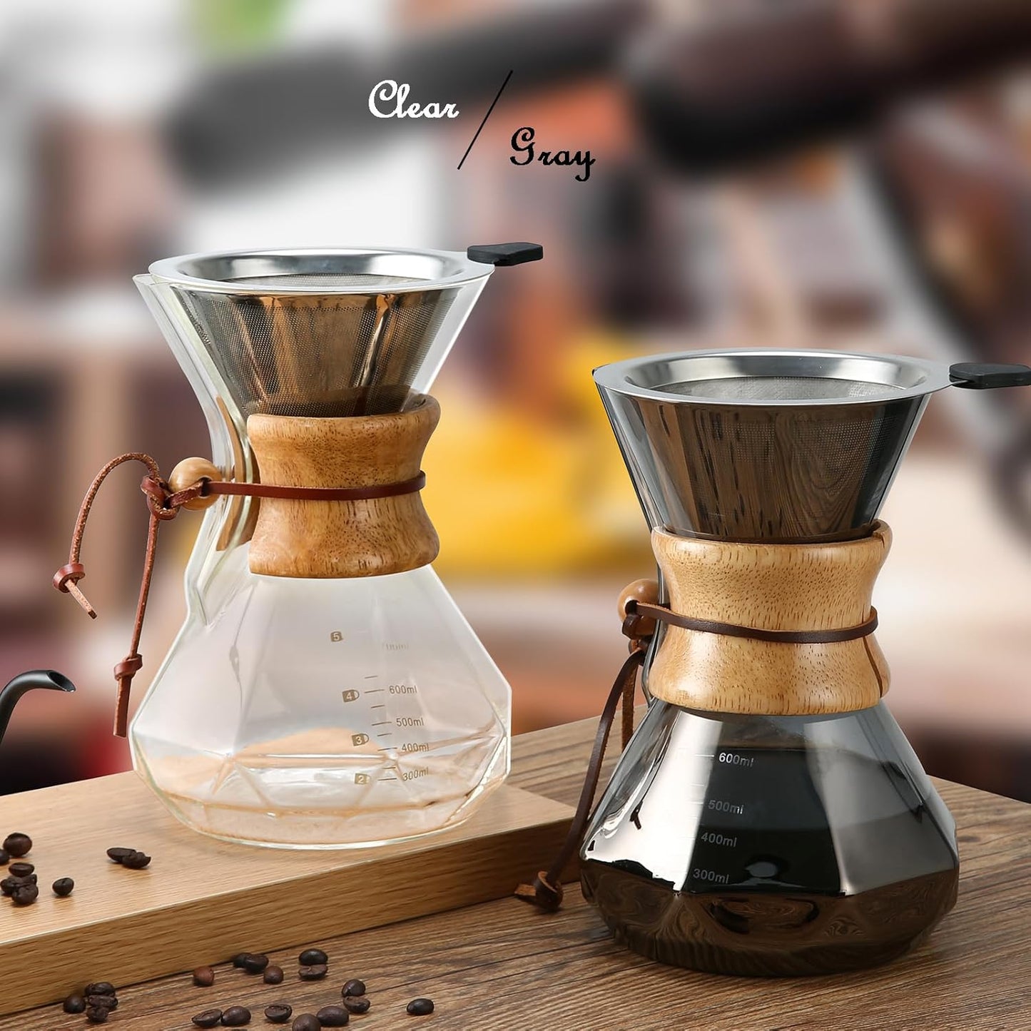 Pour Over Kaffeebereiter mit Edelstahlfilter 600 ml, 600 ml(Steel Filter, Gray)