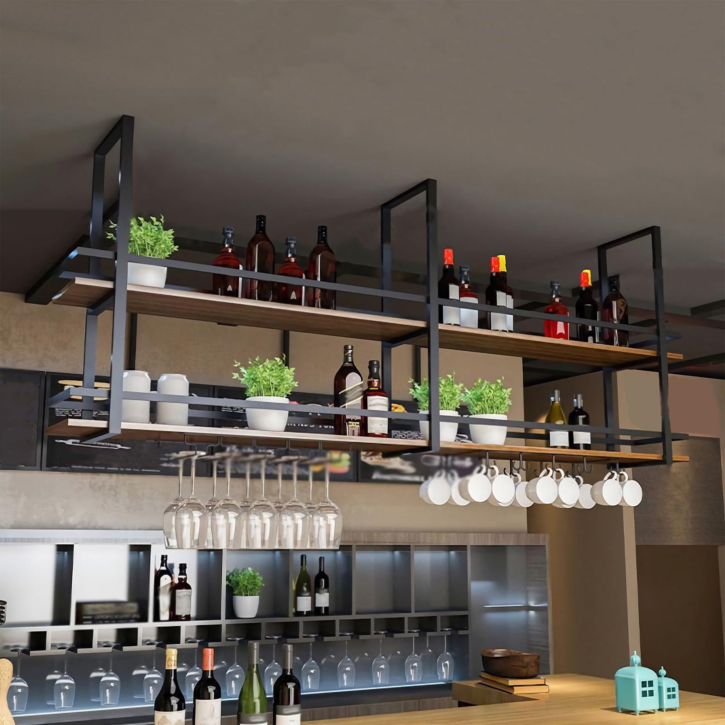 Deckenhängeregal mit Glas- und Tassenhalter im Industrie-Design, 80×30×80cm Schwarz
