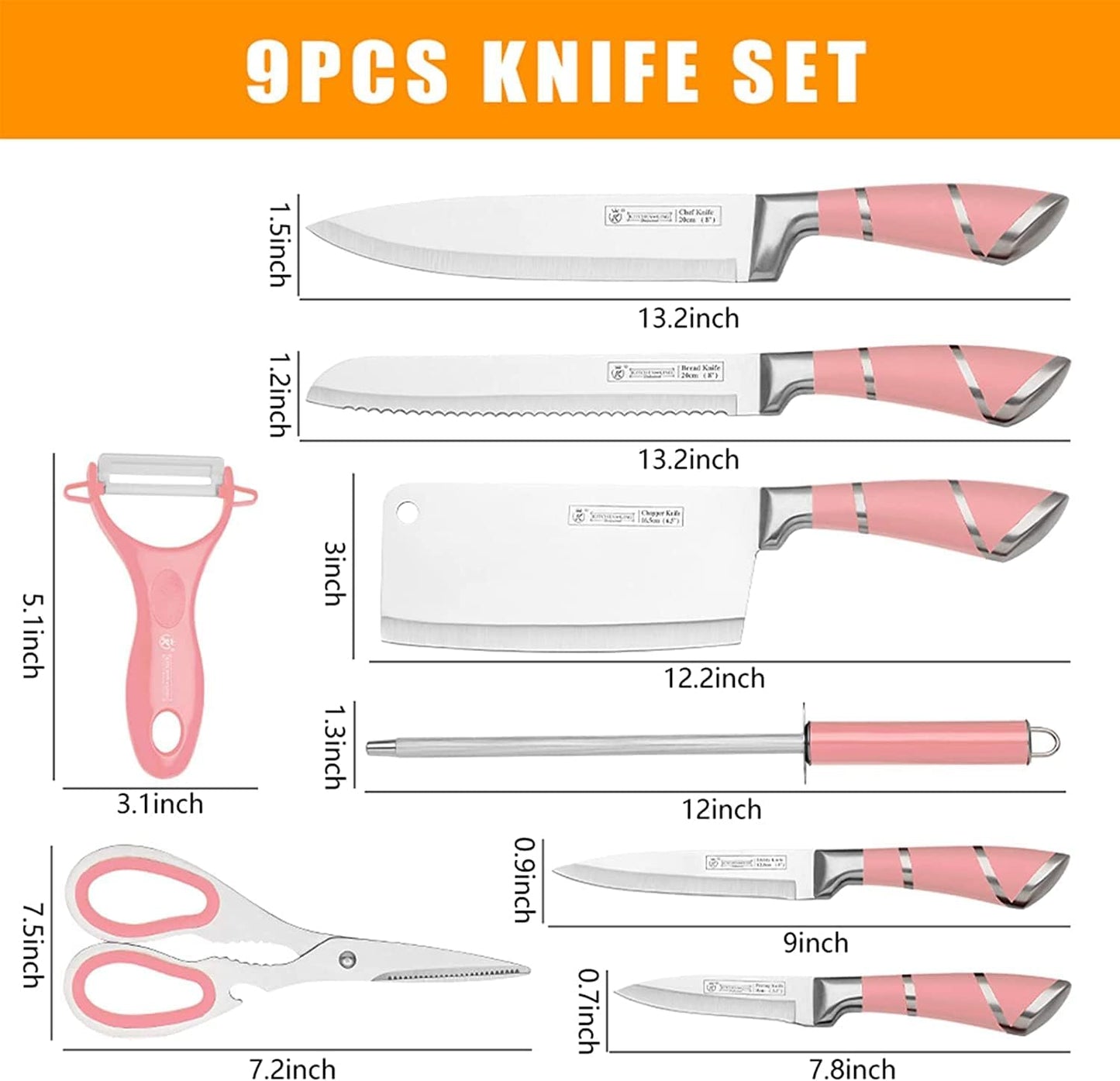 9-teiliges Messerset mit Messerblock und Schärfer, Rosa