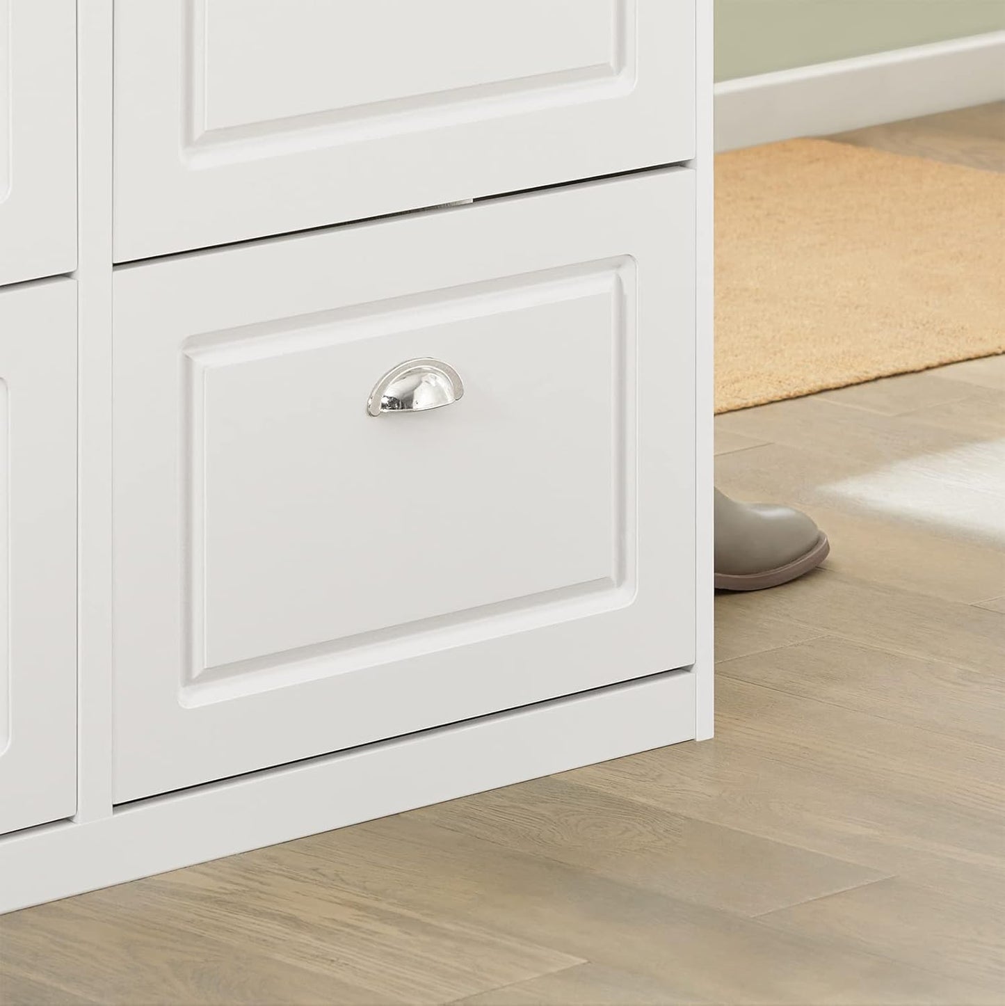 Schmaler Schuhschrank FSR79-W mit 4 Klappen und 8 Ablagen, Weiss