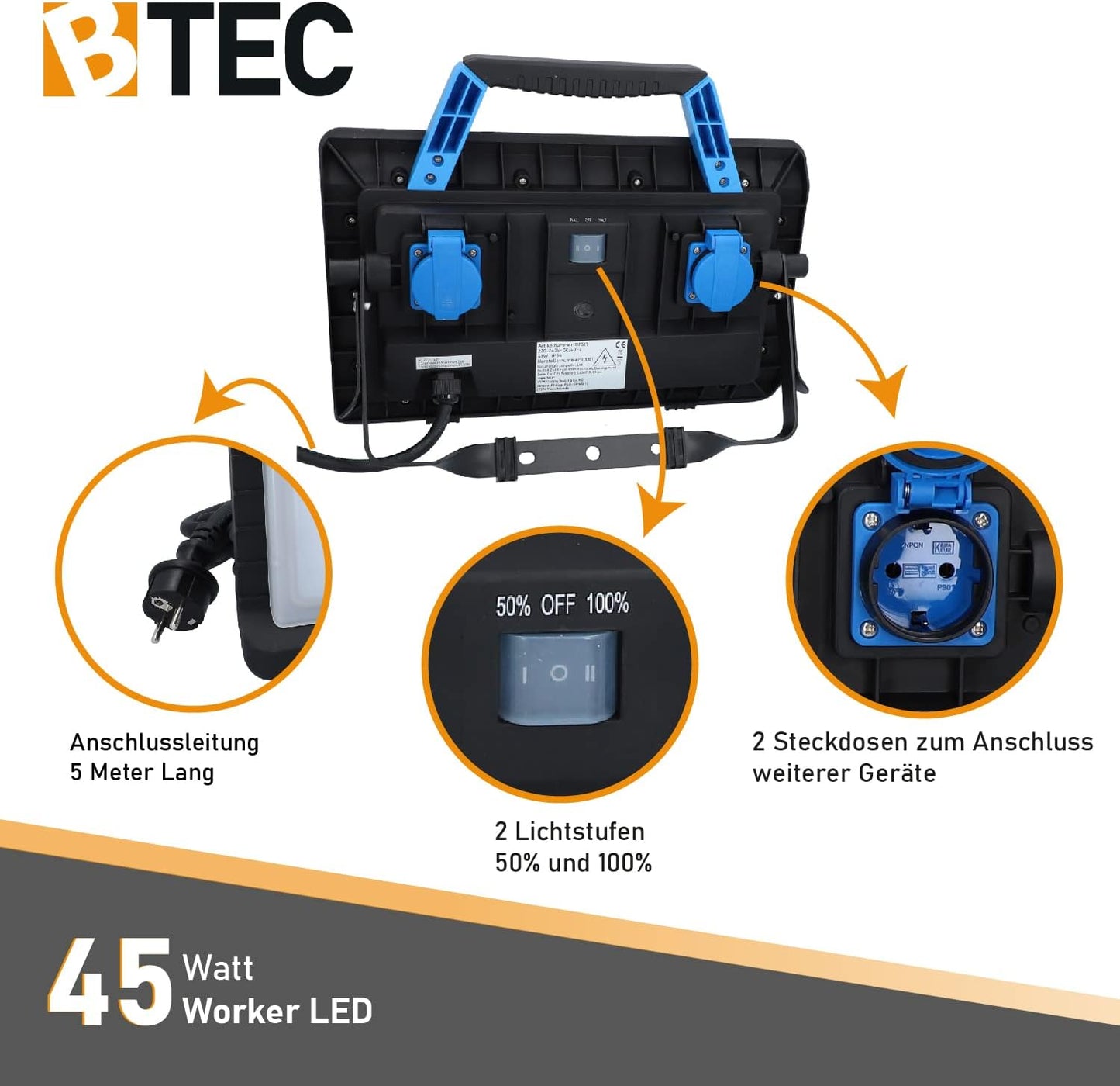 LED-Arbeitsleuchte mit Steckdose, 45 Watt