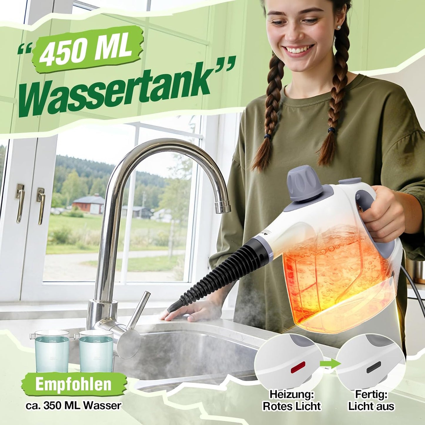 Handdampfreiniger 1050W mit 10 Zubehörteilen, Weiss