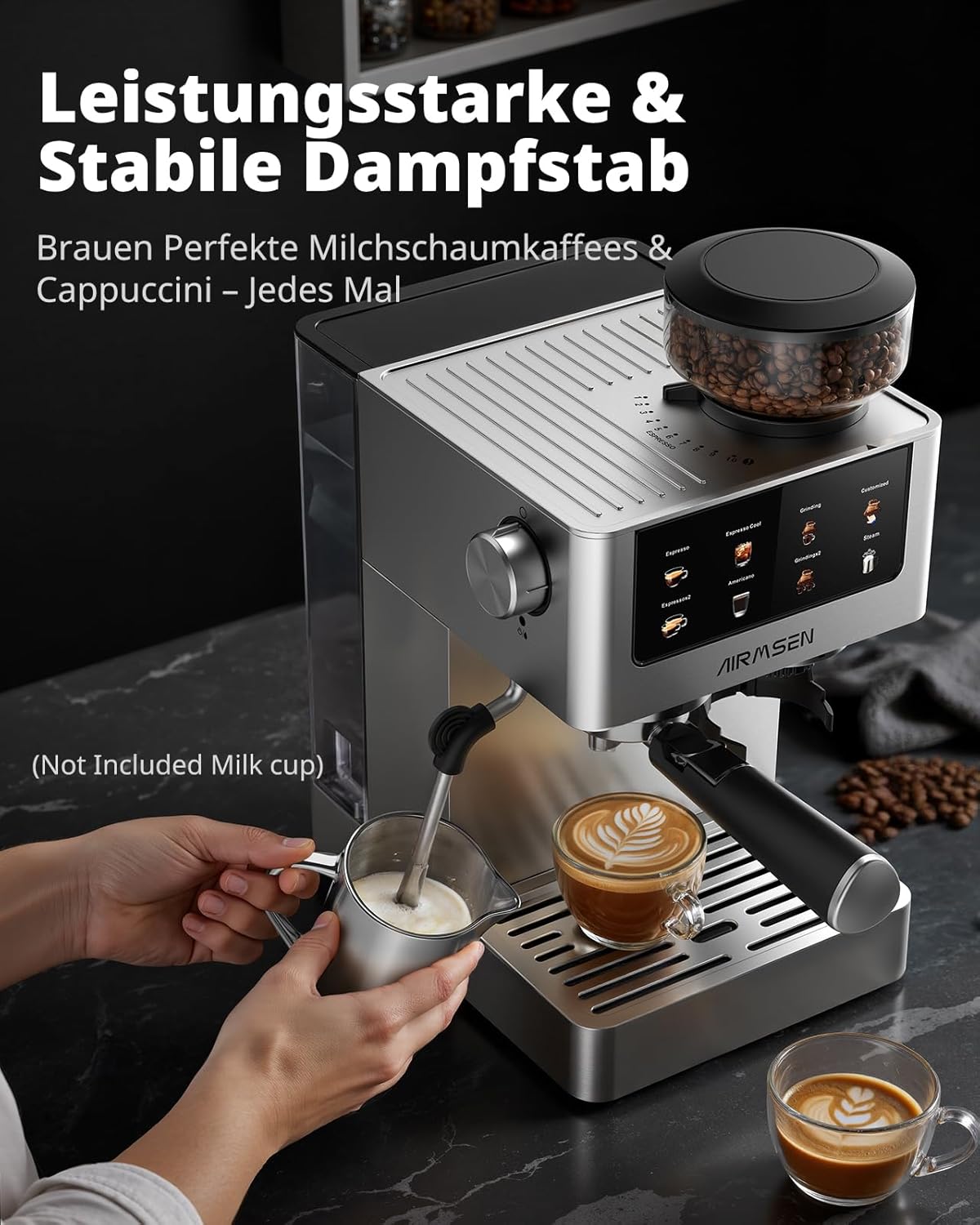 Siebträgermaschine EUBCM2316 mit Kegelmahlwerk & Milchschäumer