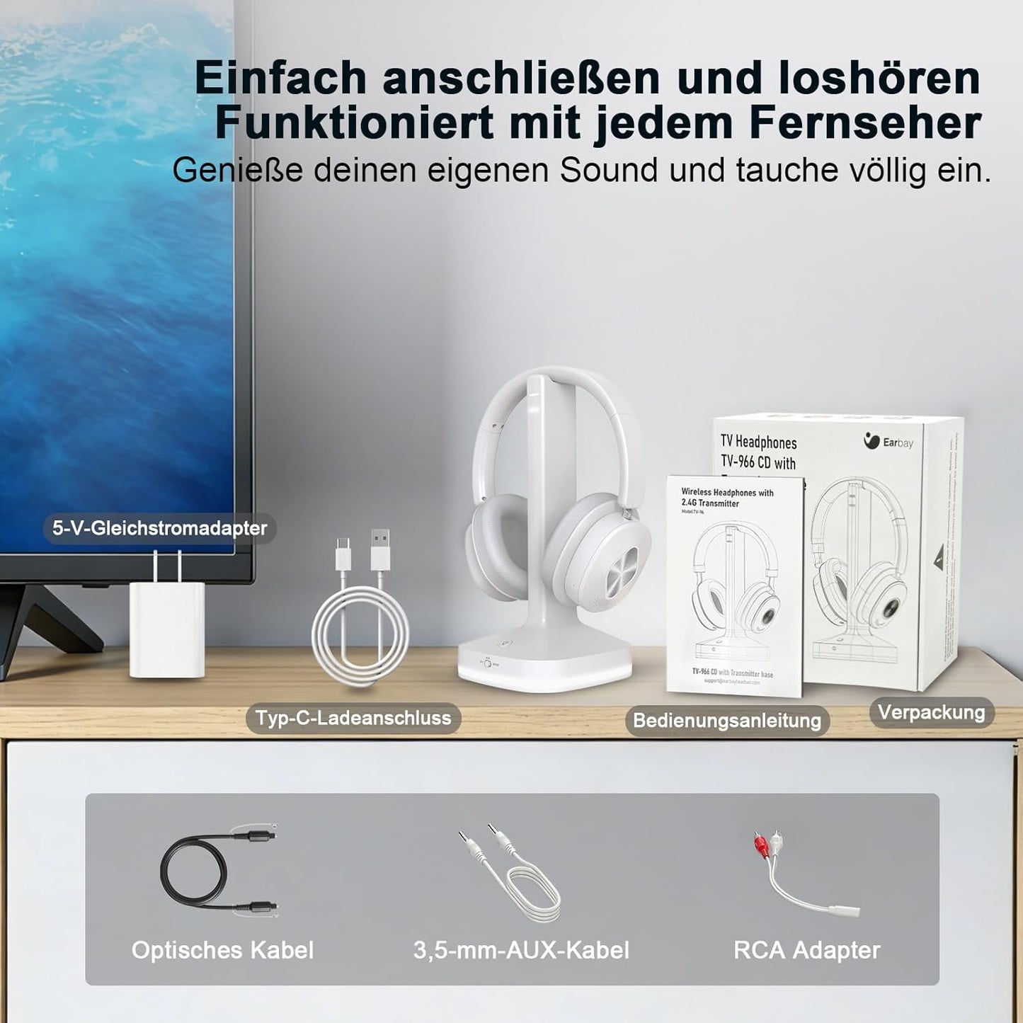 Kabellose TV-Kopfhörer mit Sender-Ladestation, silberweiss