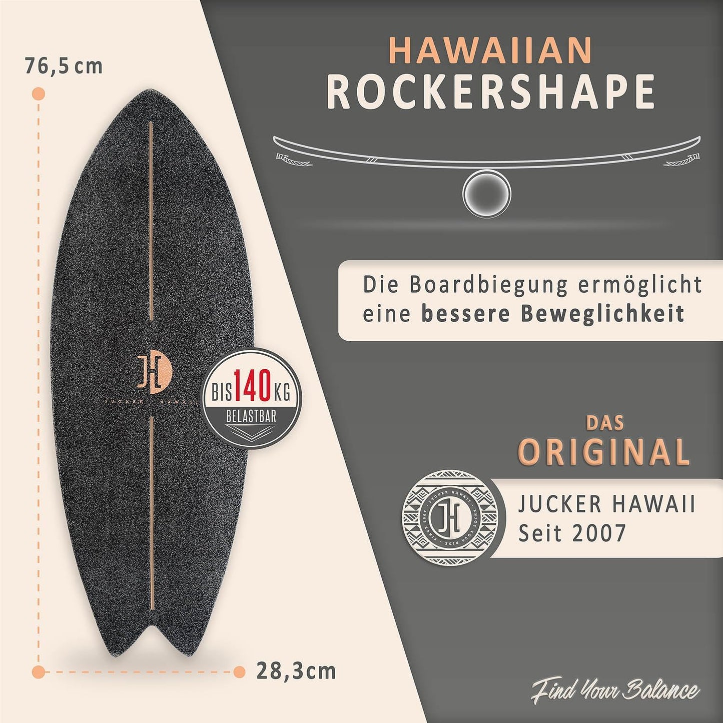 Balanceboard Ocean Rocker mit rutschfester Oberfläche, Schwarz + Rolle