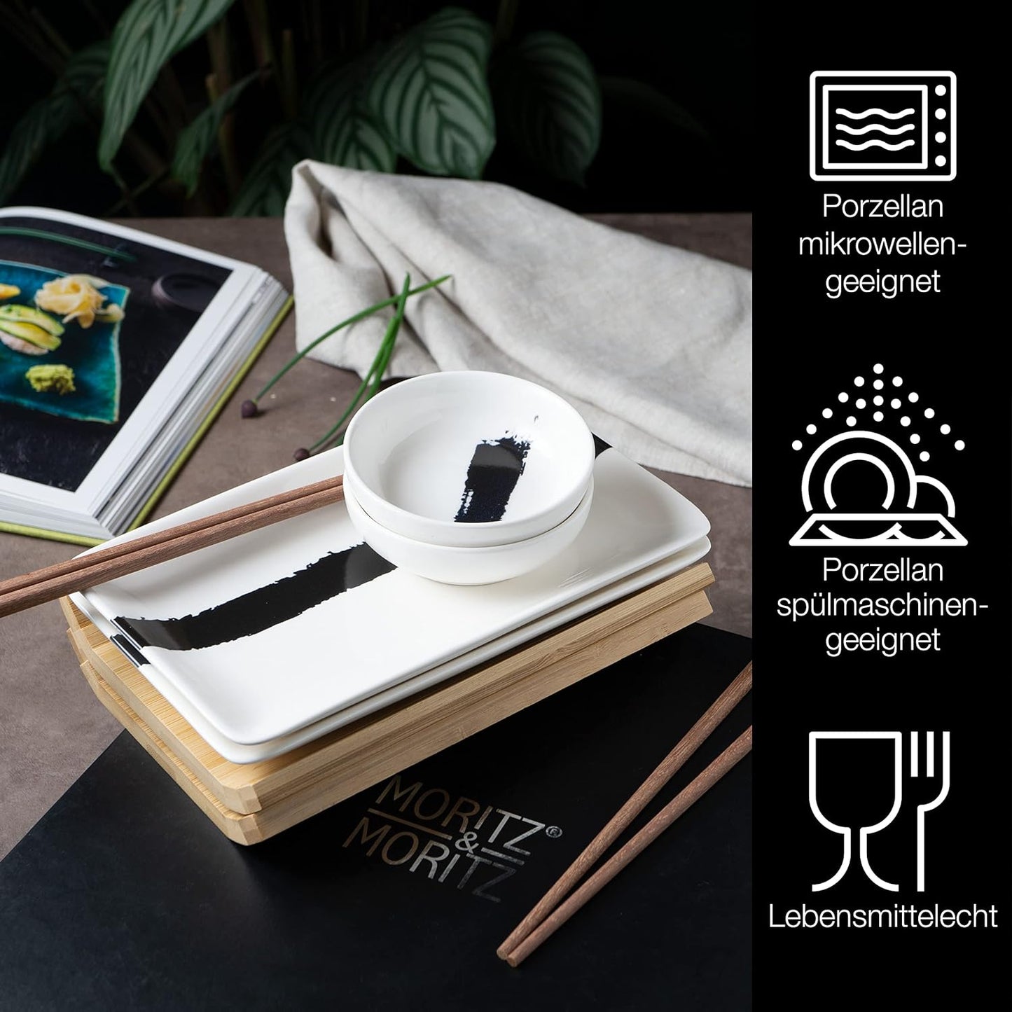 Sushi Geschirr Set, Pinselstrich Schwarz