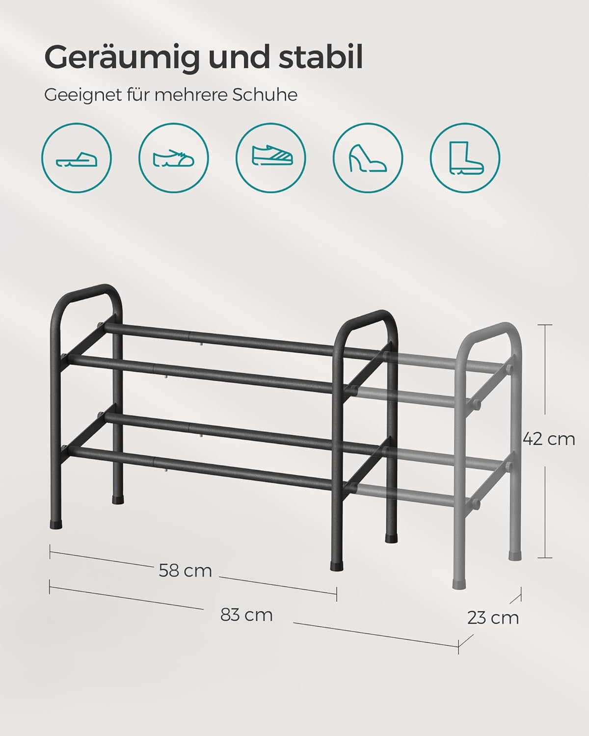Schuhregal mit 2 Ebenen, 2 Tier (23 x 58 x 42 cm) Tintenschwarz