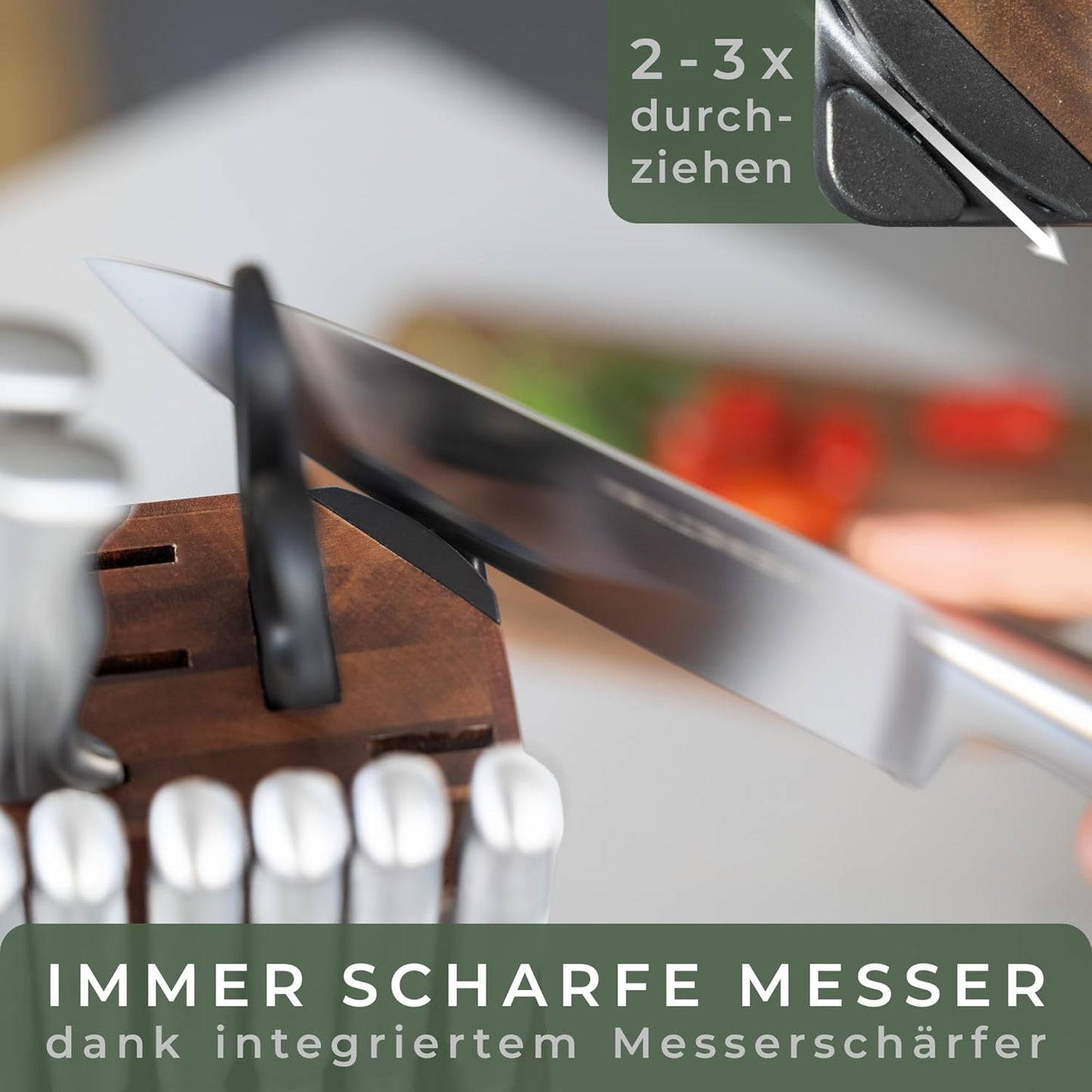 Messerblock mit 11-teiligem Messerset und integriertem Messerschärfer, Messerblock bestückt 11 Akazie