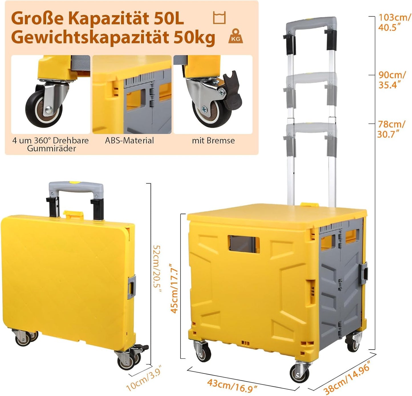 Klappbarer Einkaufstrolley mit Schnappdeckel, Gelb Grau